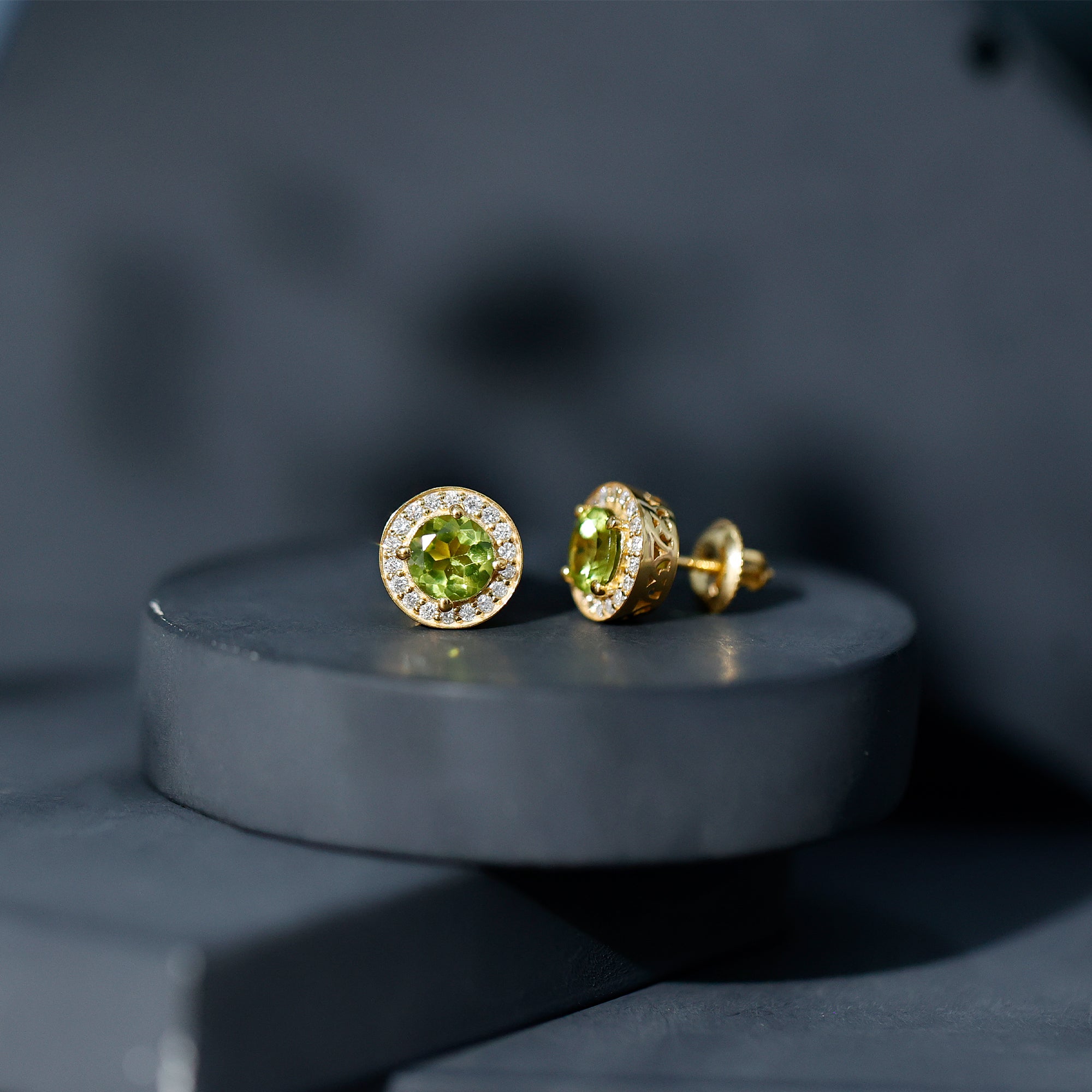 Natural Peridot Stud Earrings with Diamond Halo