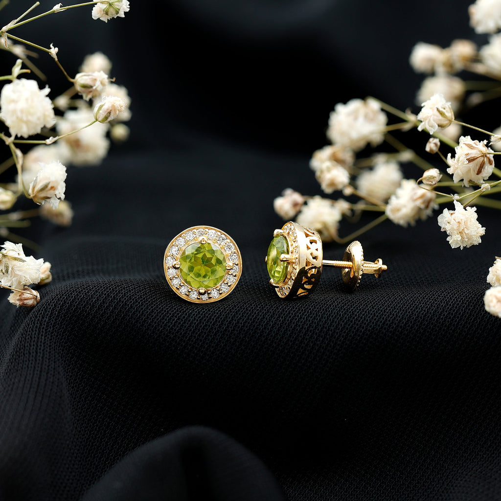 Natural Peridot Stud Earrings with Diamond Halo