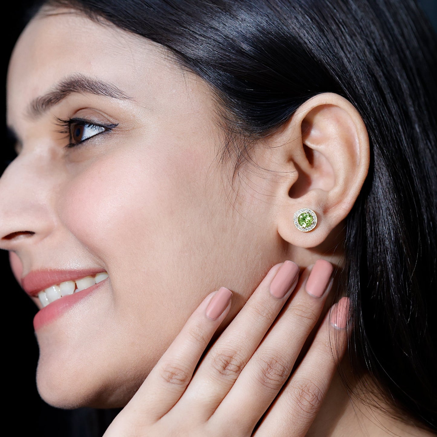 Natural Peridot Stud Earrings with Diamond Halo