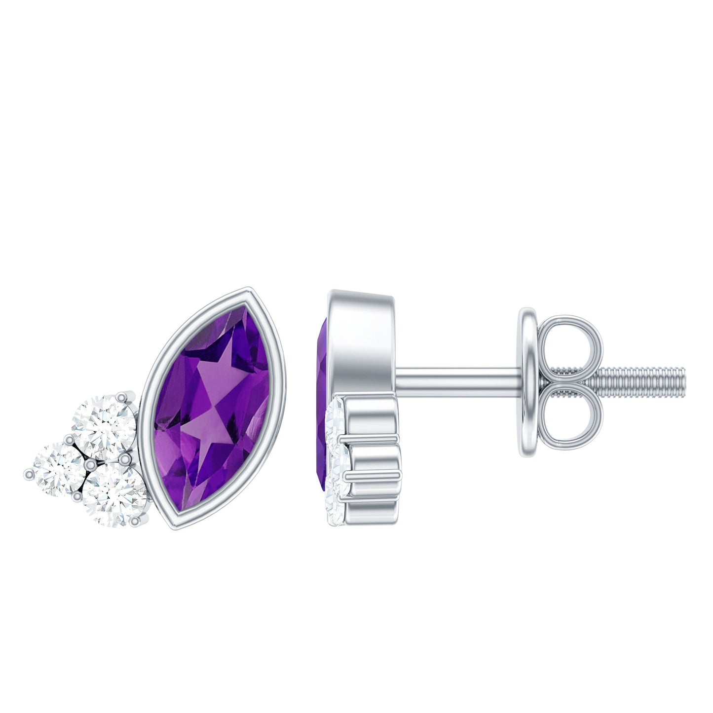 Marquise Amethyst Stud Earrings with Lab Diamond in Sterling Silver