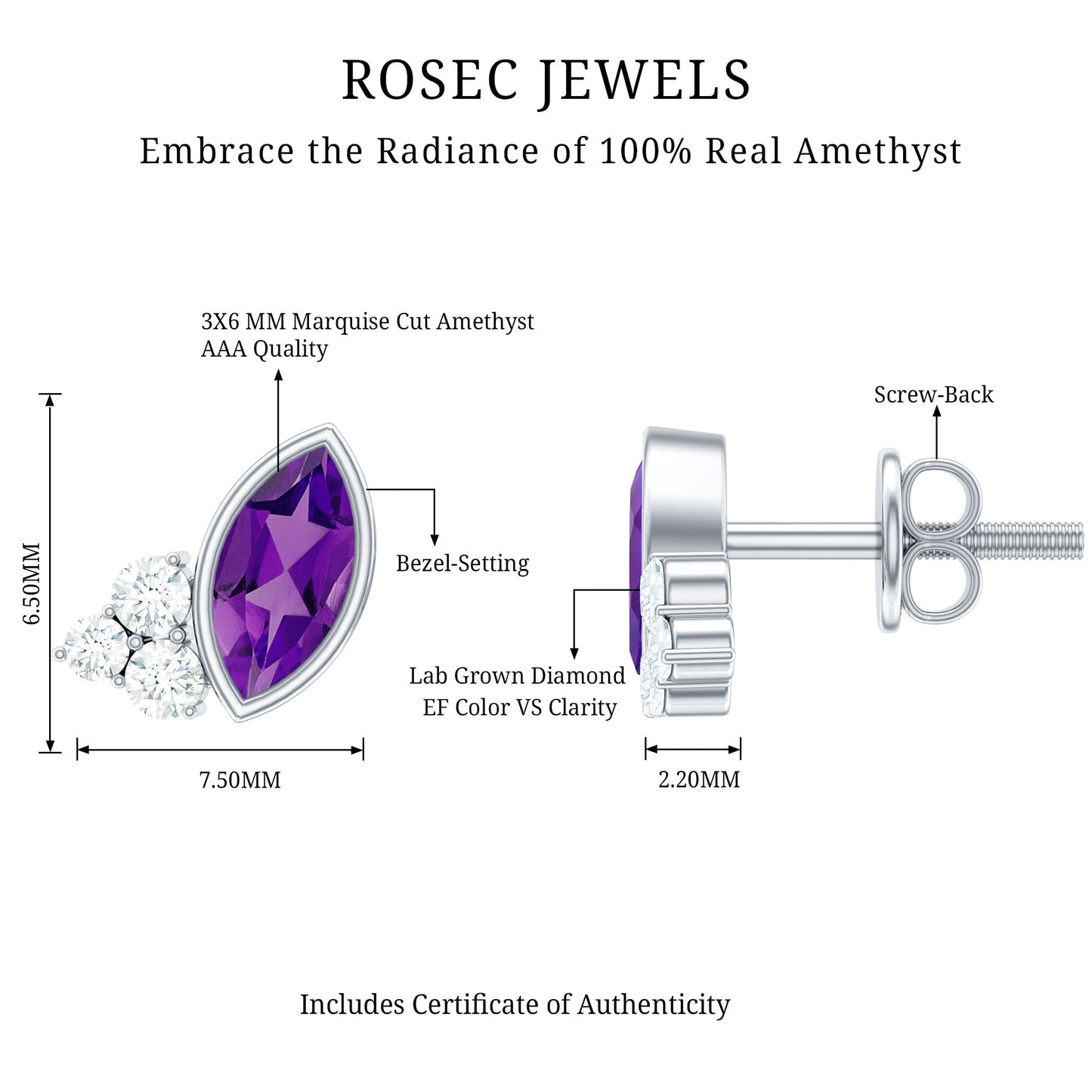 Marquise Amethyst Stud Earrings with Lab Diamond in Sterling Silver