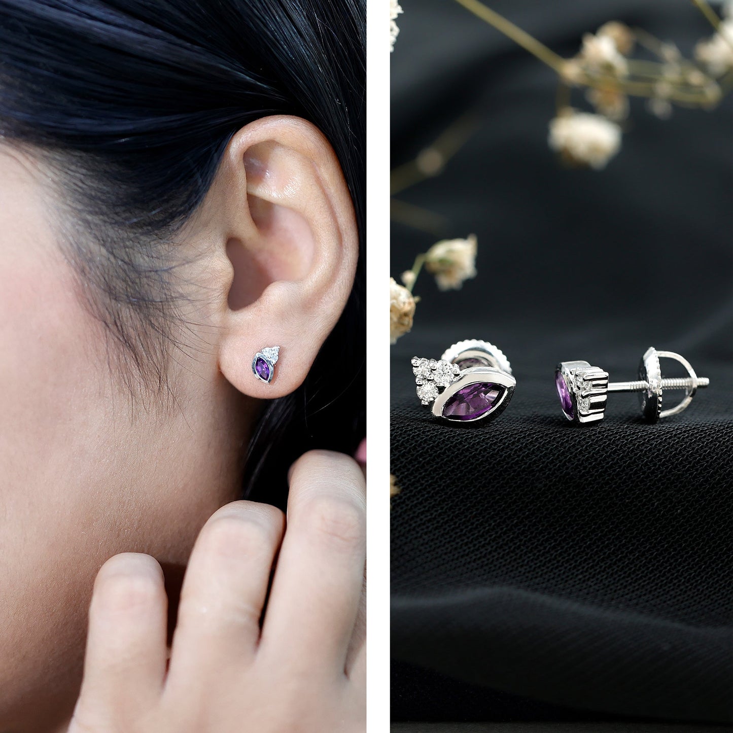 Marquise Amethyst Stud Earrings with Lab Diamond in Sterling Silver