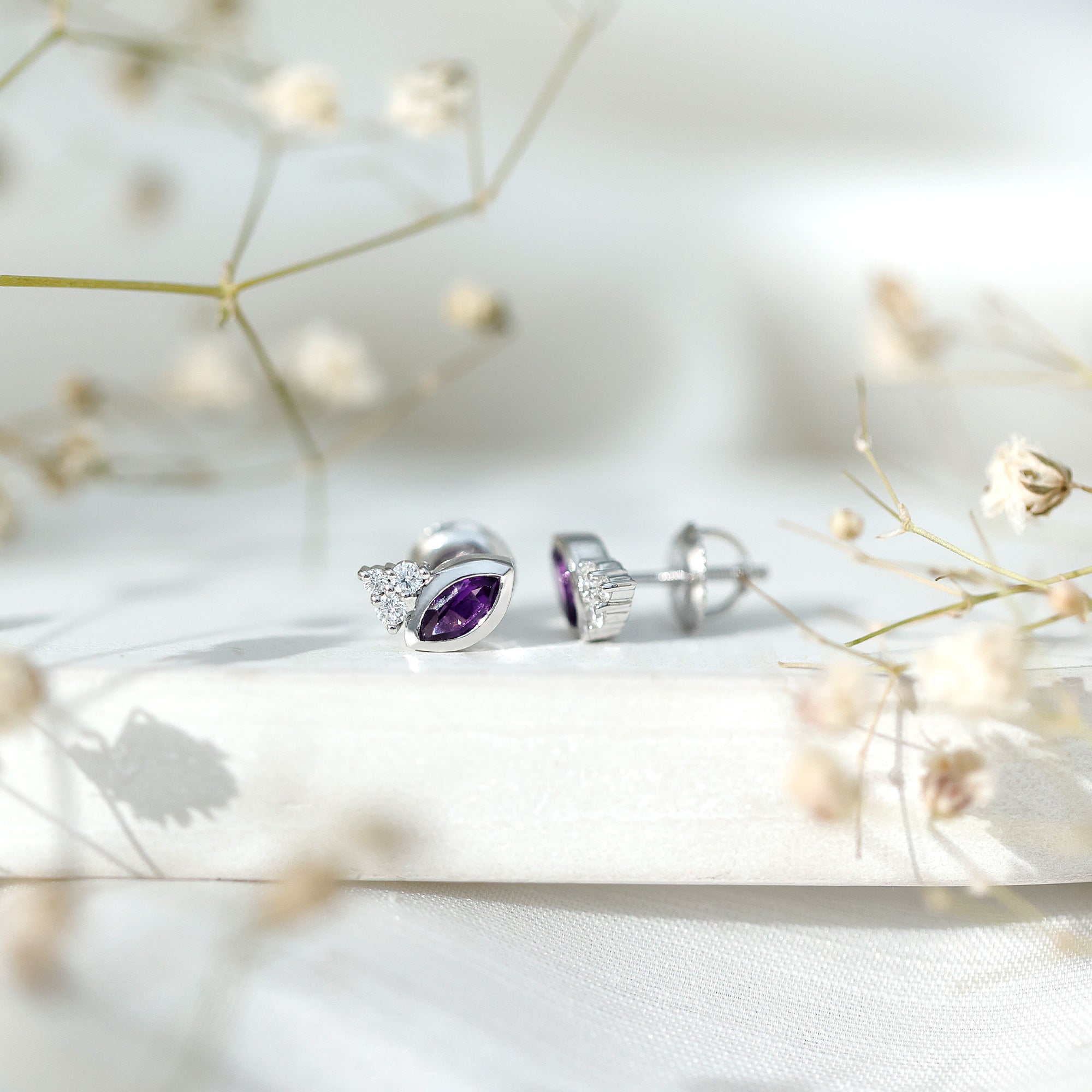 Marquise Amethyst Stud Earrings with Lab Diamond in Sterling Silver