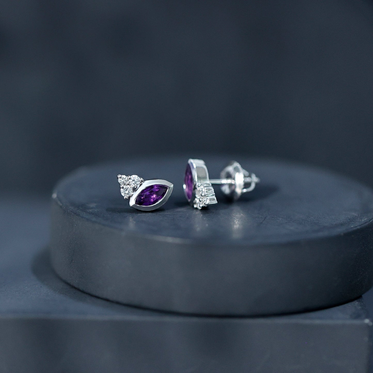 Marquise Amethyst Stud Earrings with Lab Diamond in Sterling Silver