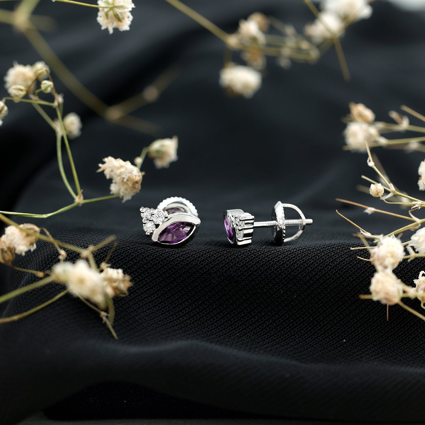 Marquise Amethyst Stud Earrings with Lab Diamond in Sterling Silver