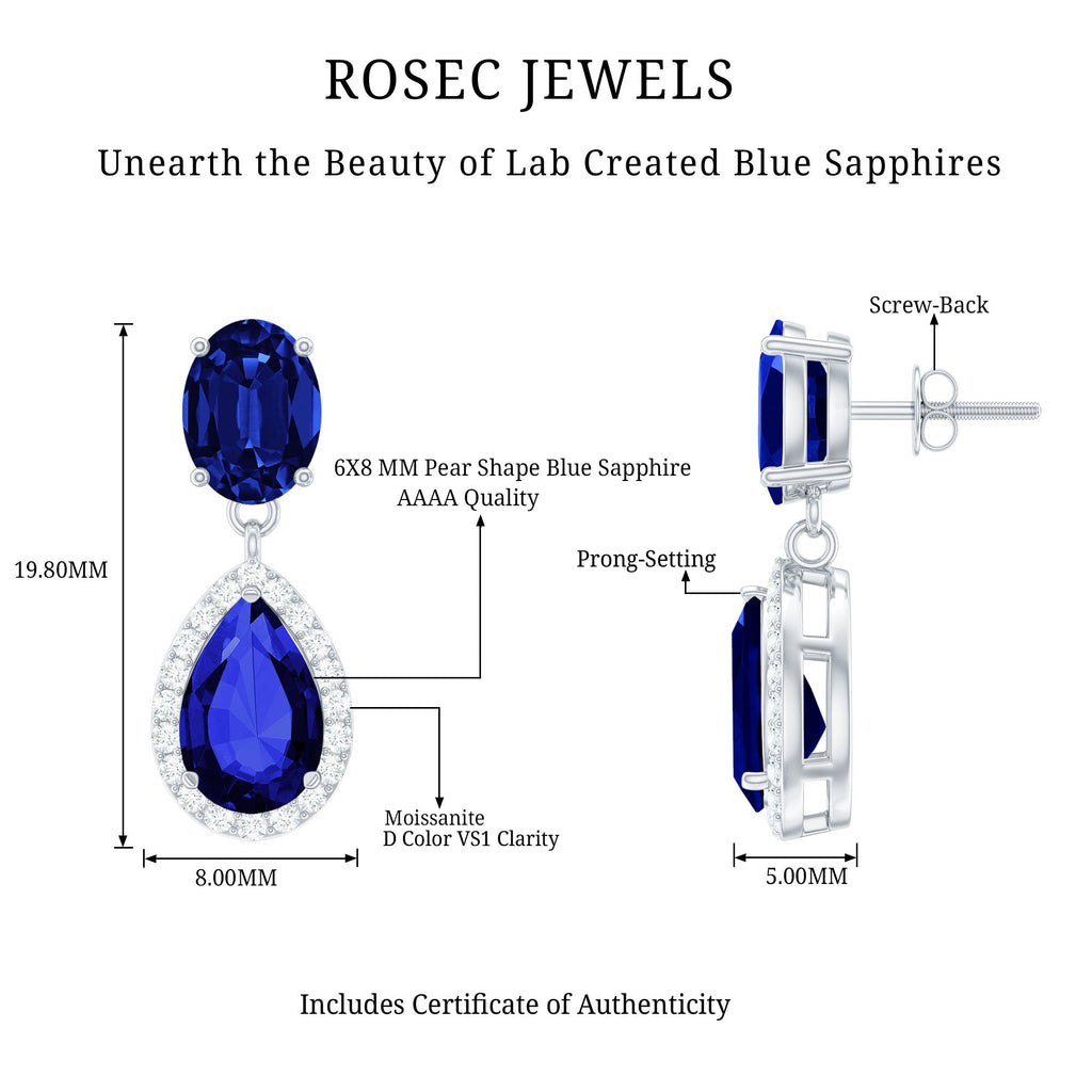 Lab Grown Blue Sapphire Teardrop Earrings with Moissanite