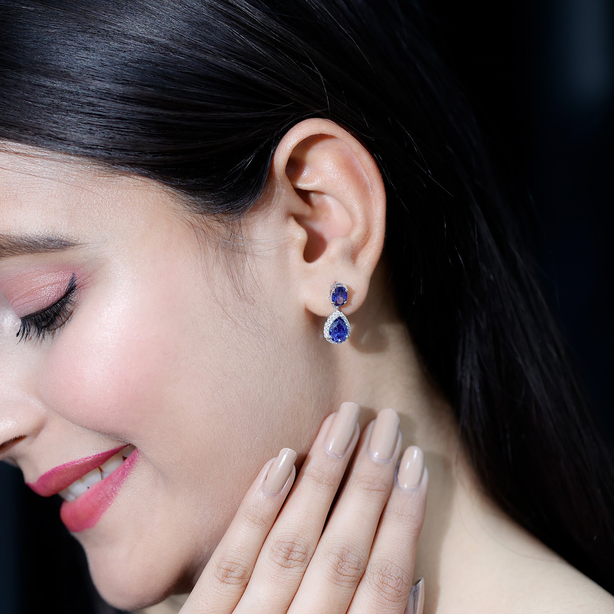 Lab Grown Blue Sapphire Teardrop Earrings with Moissanite