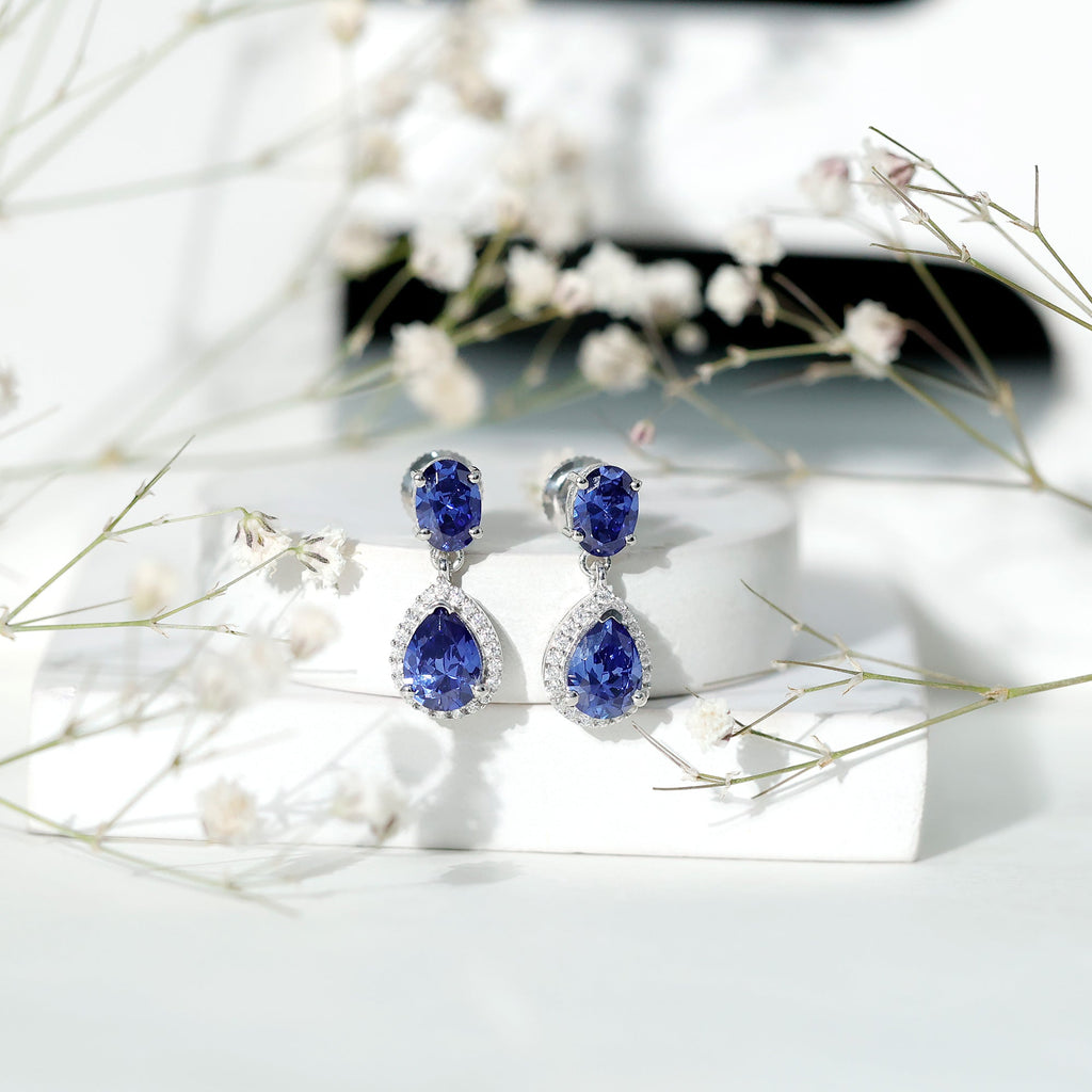 Lab Grown Blue Sapphire Teardrop Earrings with Moissanite