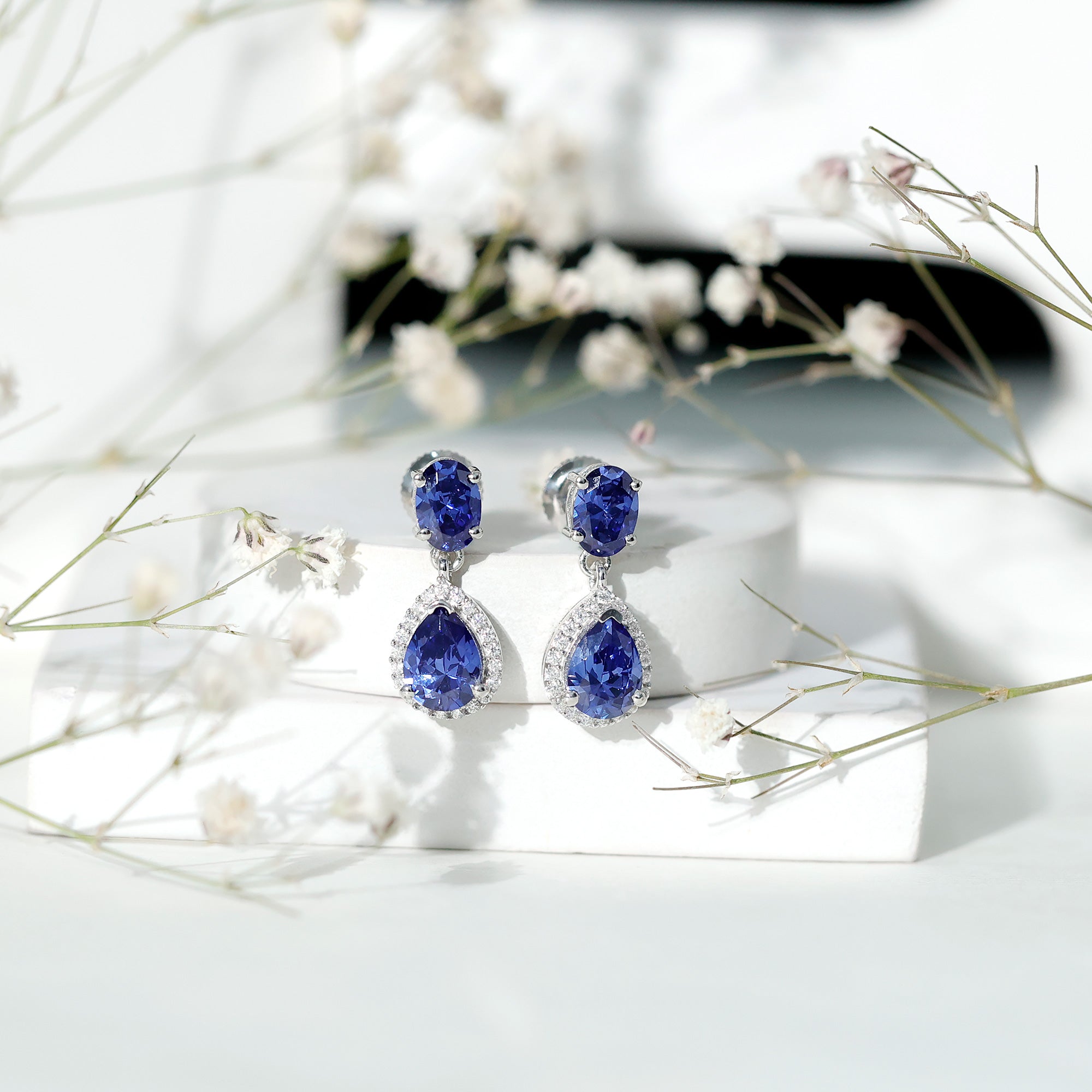 Lab Grown Blue Sapphire Teardrop Earrings with Moissanite