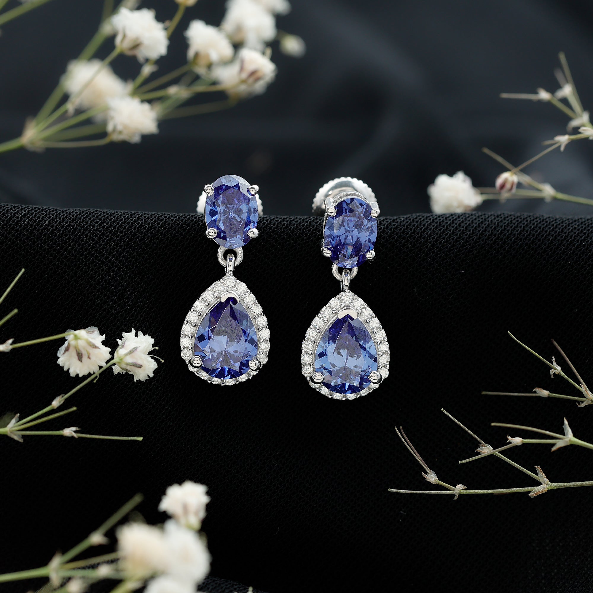 Lab Grown Blue Sapphire Teardrop Earrings with Moissanite