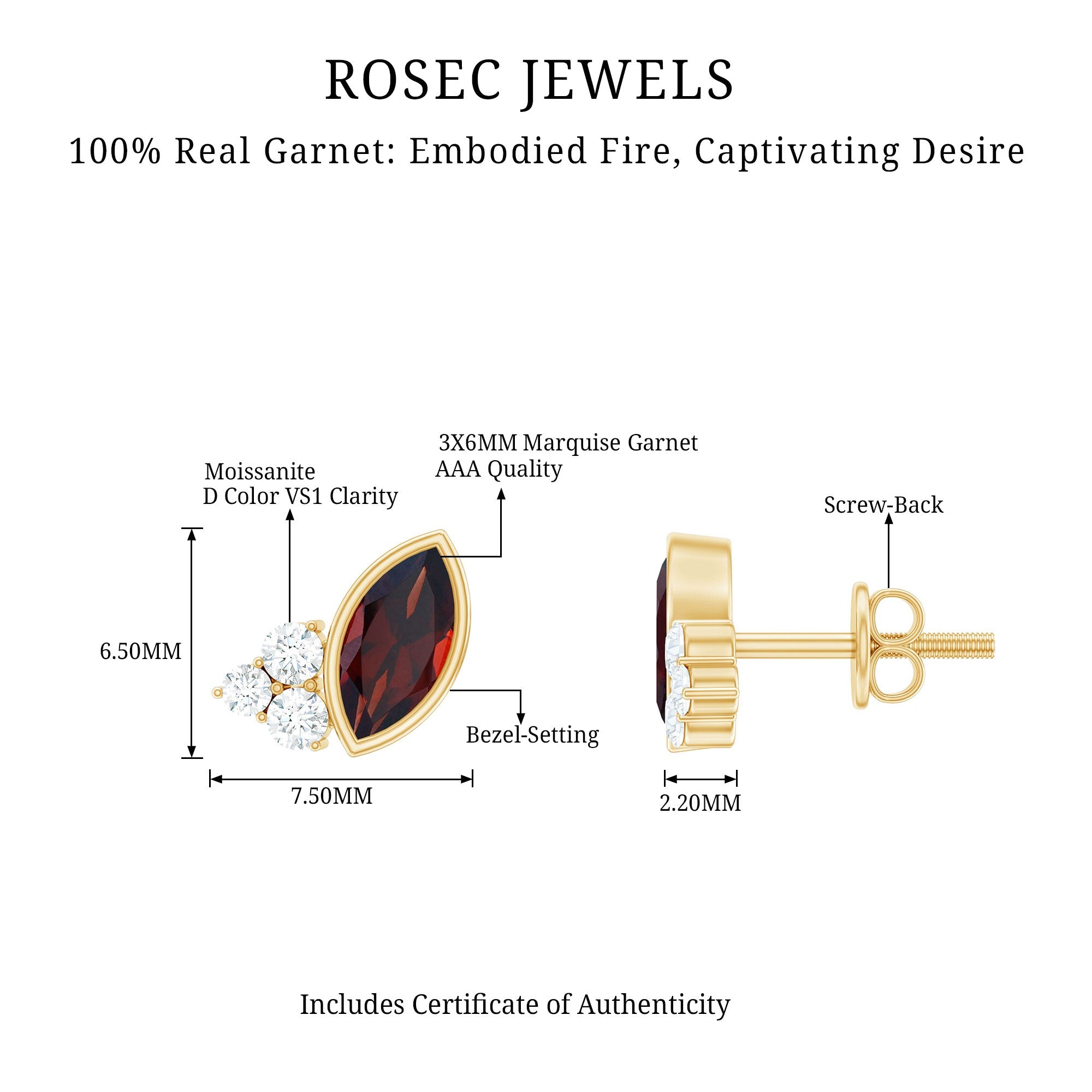 Marquise Cut Garnet Stud Earrings with Moissanite