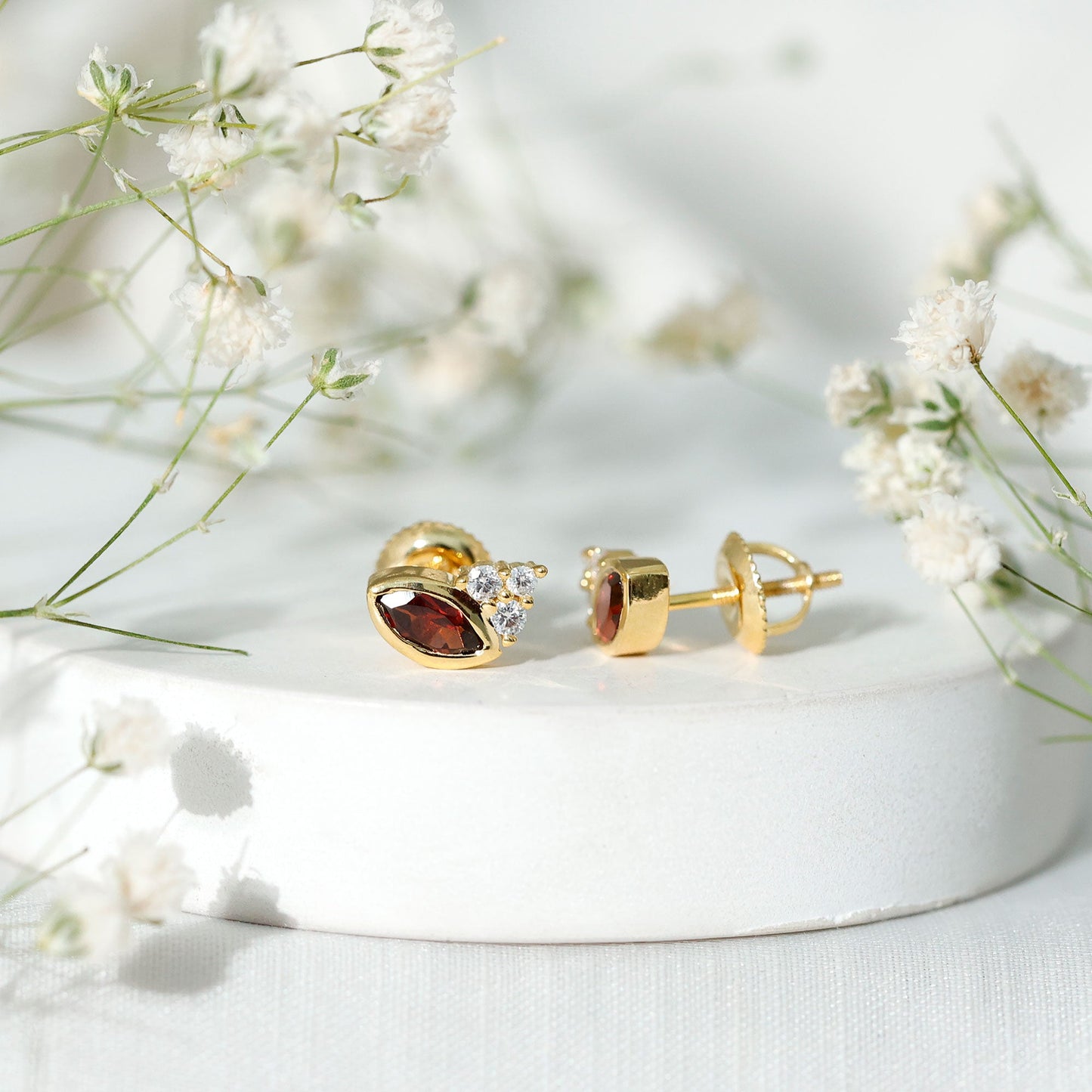 Marquise Cut Garnet Stud Earrings with Moissanite