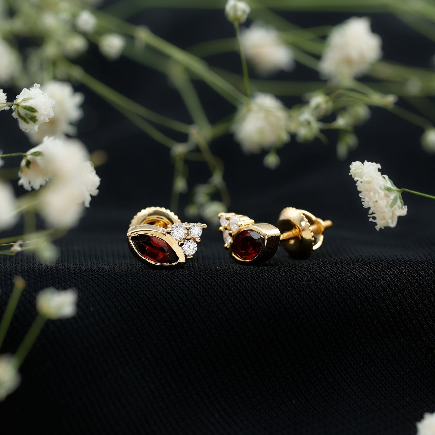 Marquise Cut Garnet Stud Earrings with Moissanite