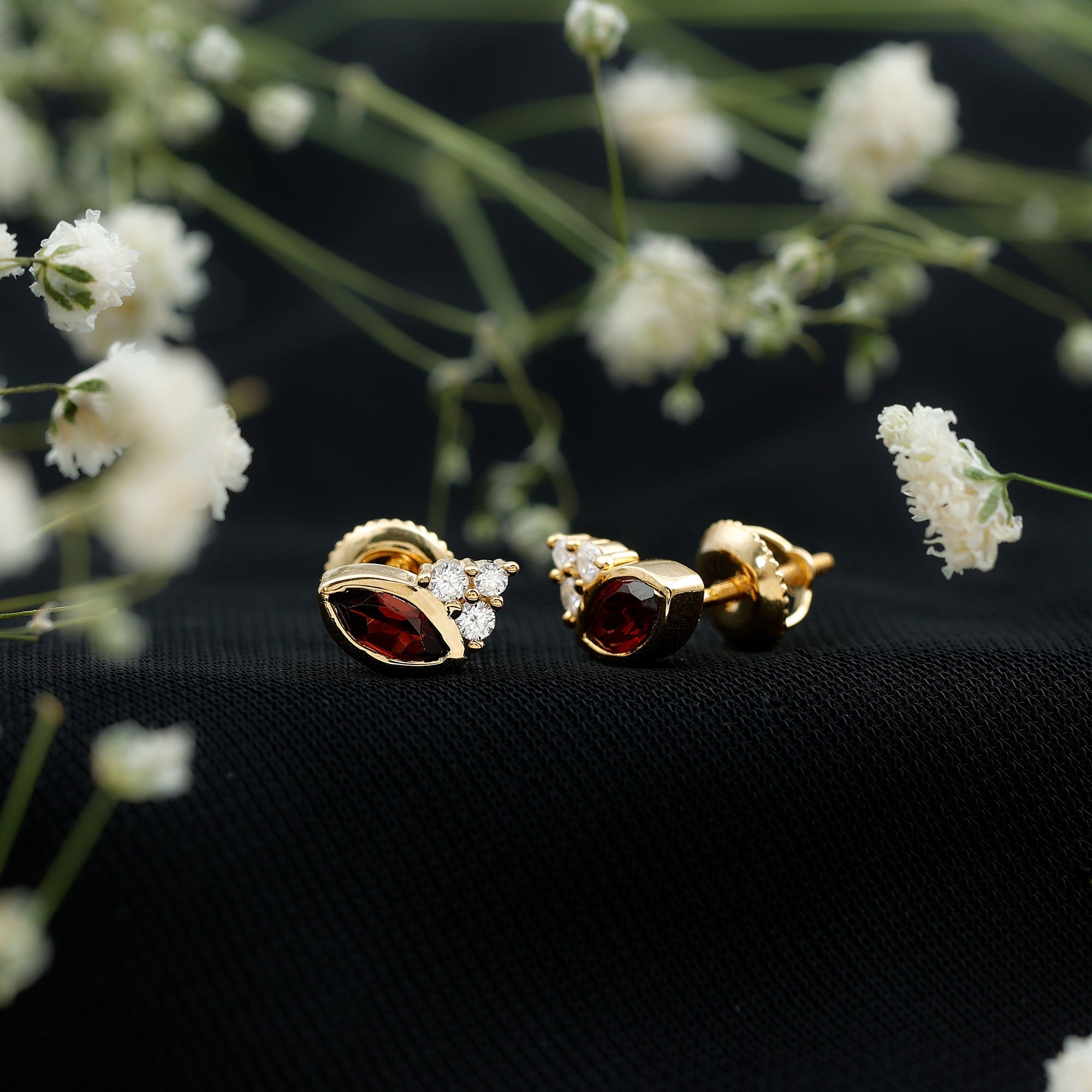 Marquise Cut Garnet Stud Earrings with Moissanite