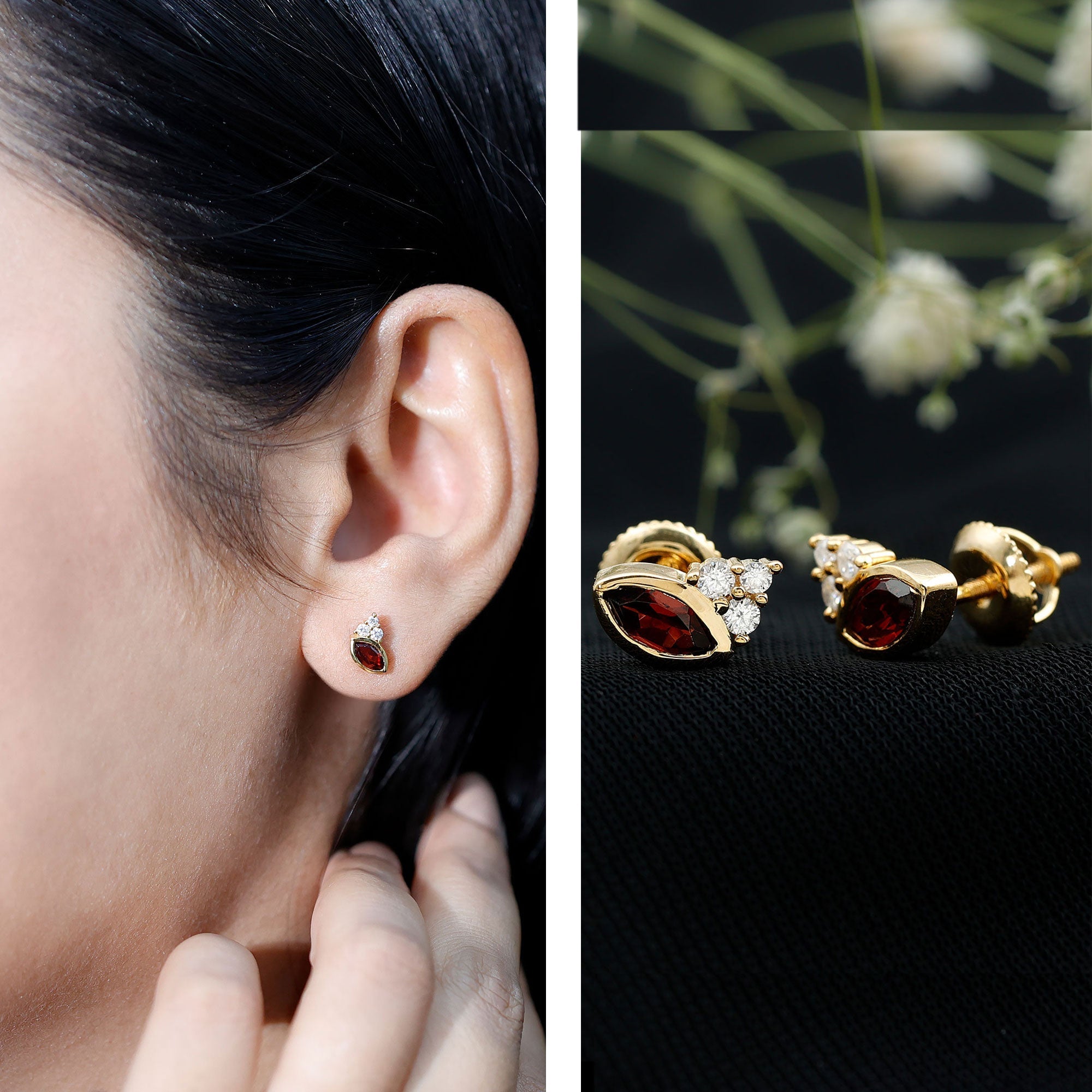 Marquise Cut Garnet Stud Earrings with Moissanite