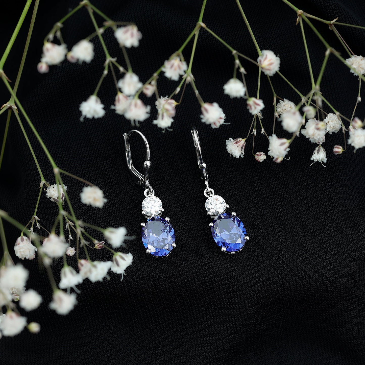 Lab Grown Blue Sapphire Drop Hoop Earrings with Moissanite