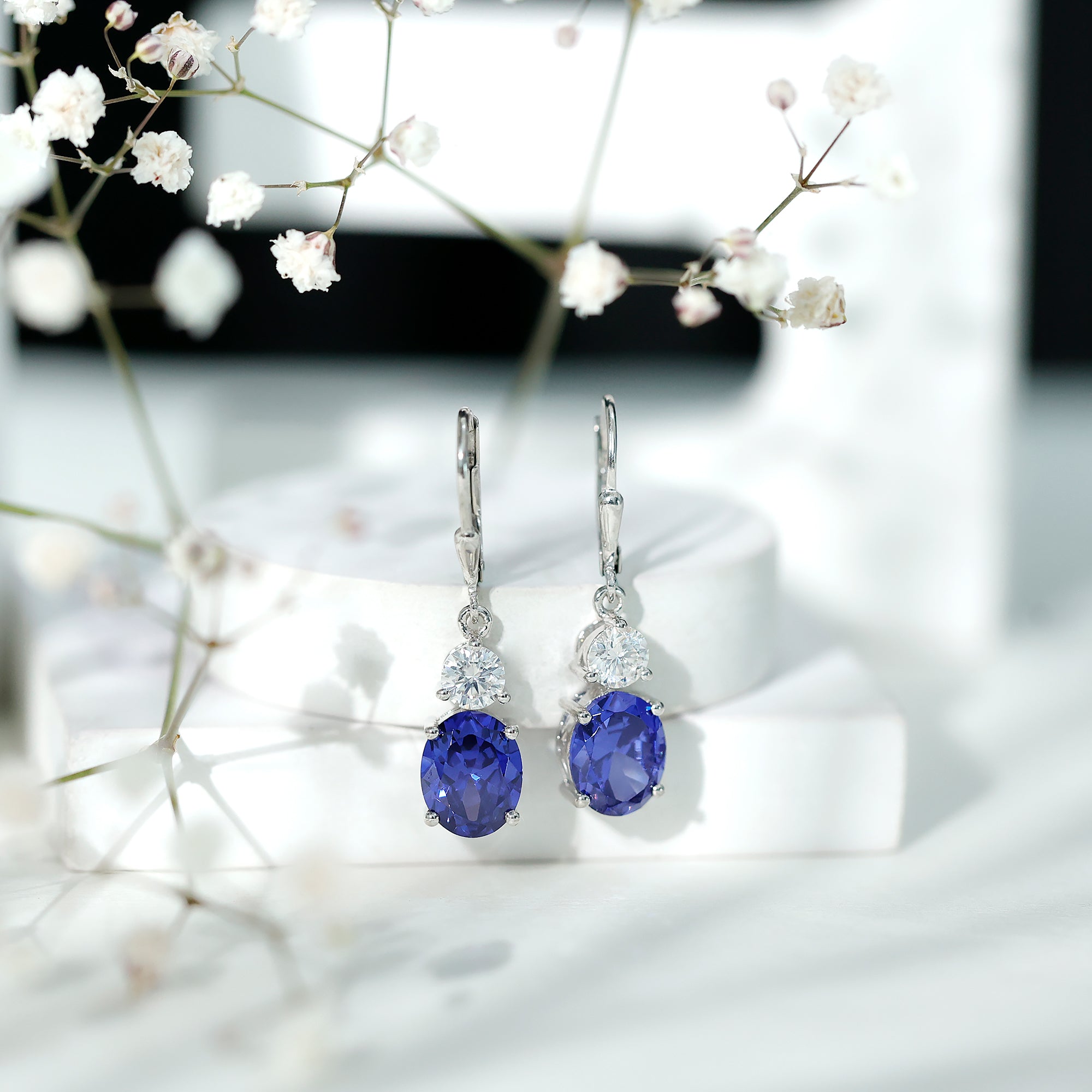Lab Grown Blue Sapphire Drop Hoop Earrings with Moissanite