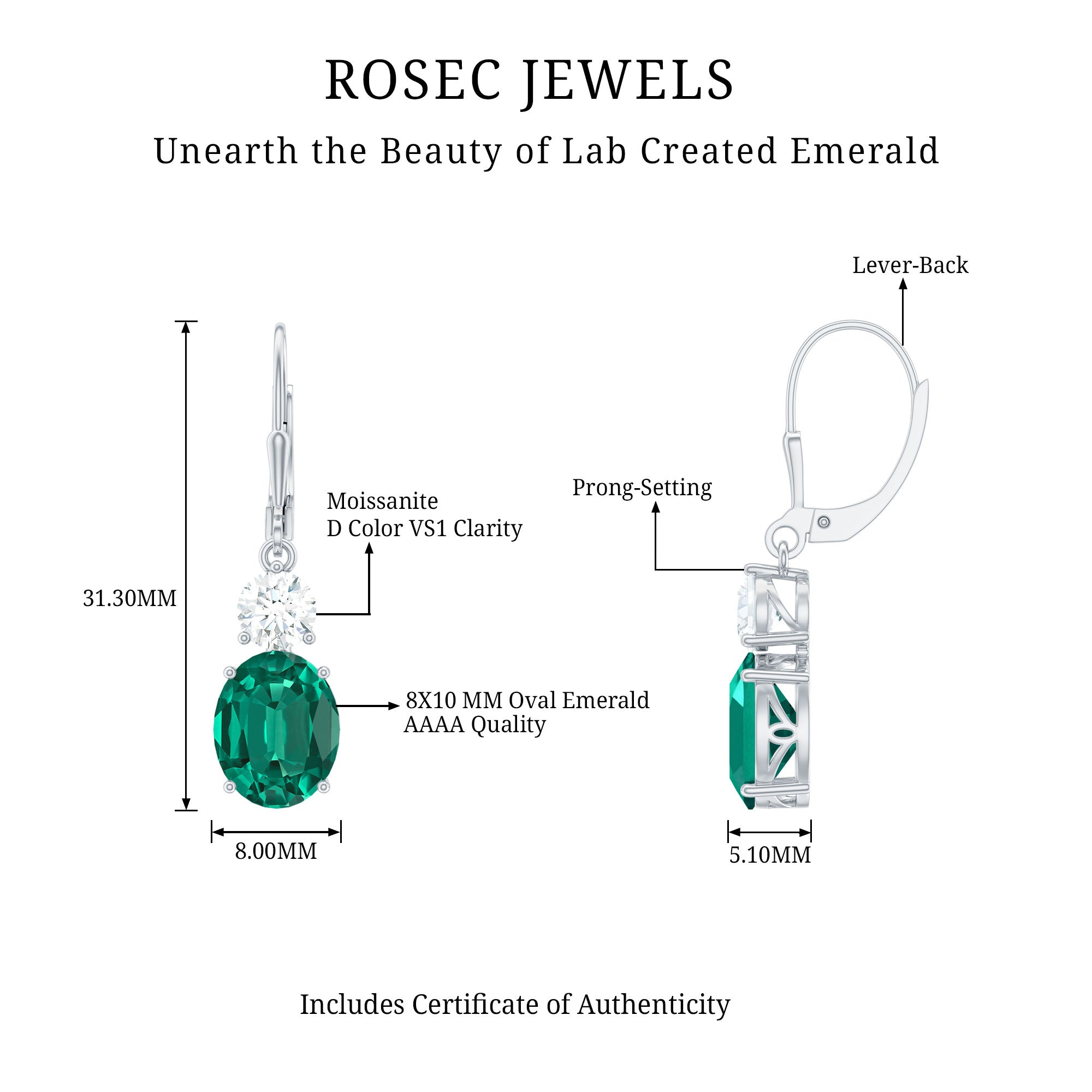 Oval Cut Lab Created Emerald and Moissanite Drop Hoop Earrings