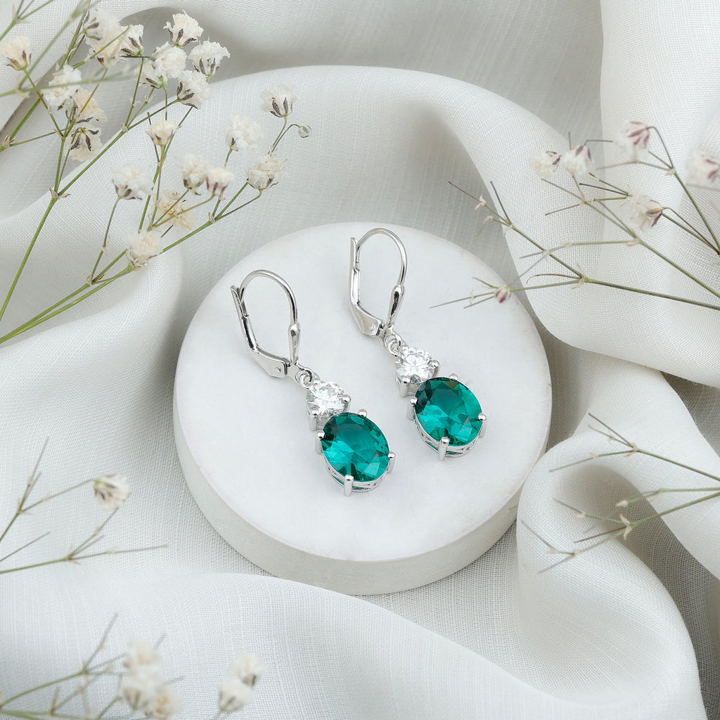 Oval Cut Lab Created Emerald and Moissanite Drop Hoop Earrings