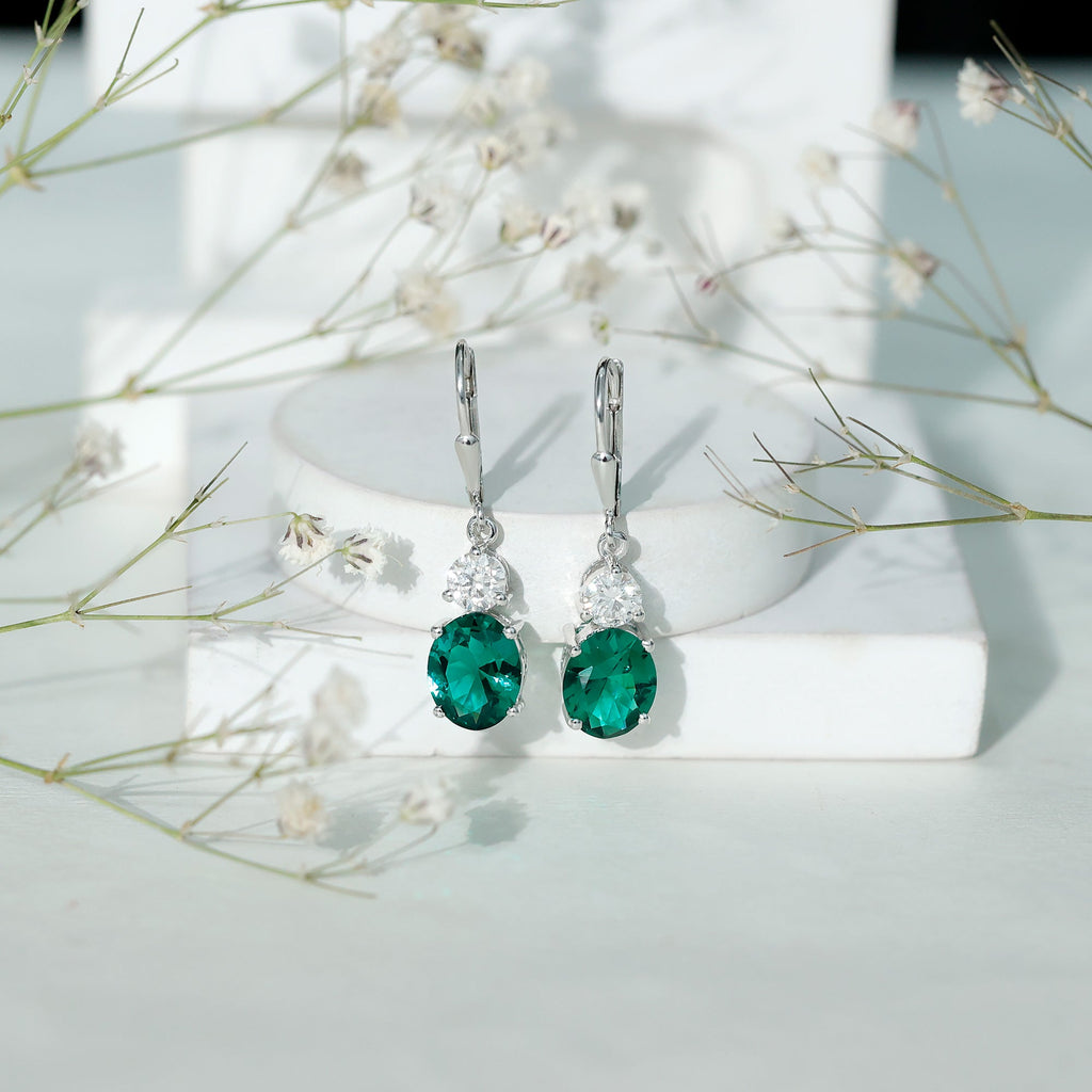 Oval Cut Lab Created Emerald and Moissanite Drop Hoop Earrings