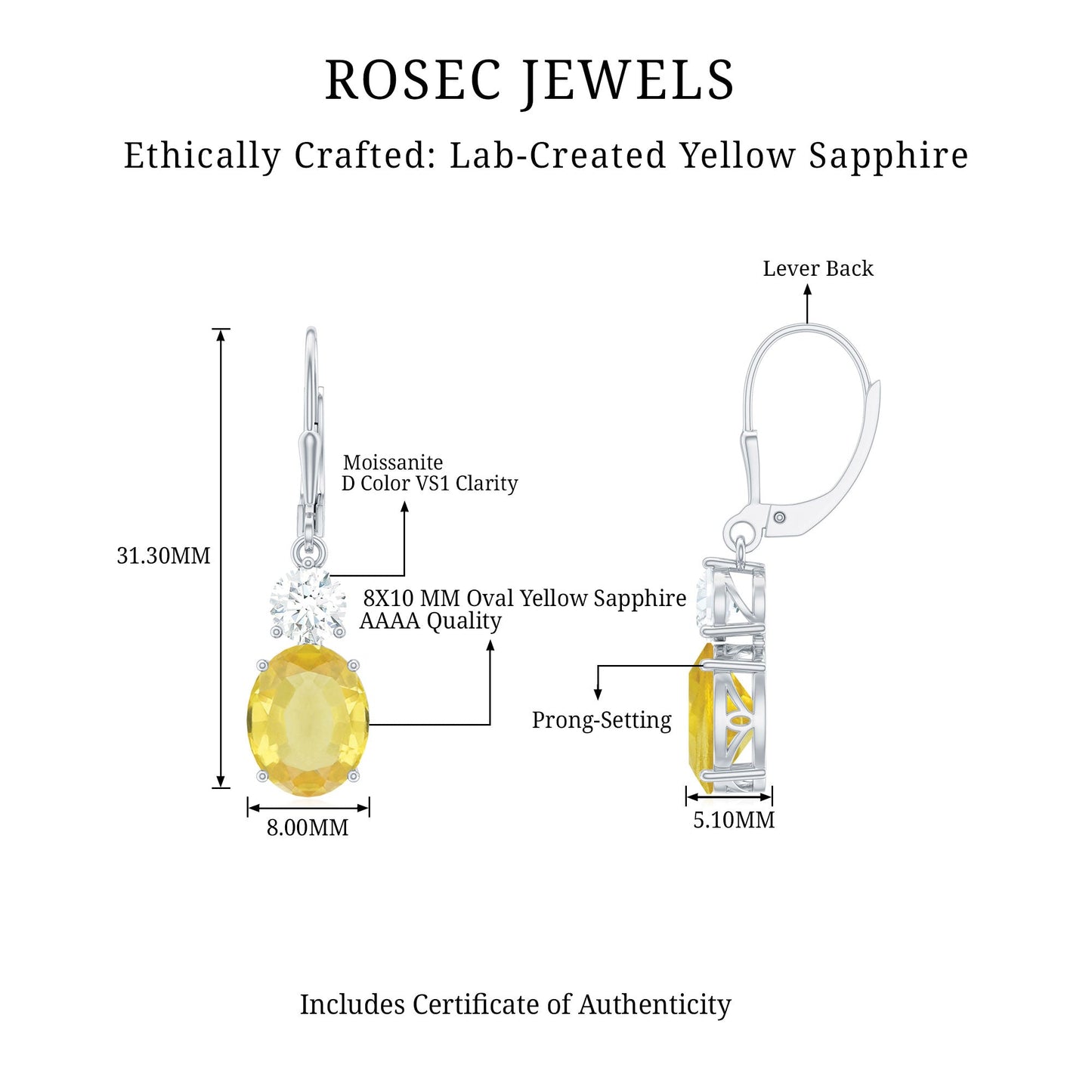 Lab Grown Yellow Sapphire and Moissanite Drop Earrings with Leverback