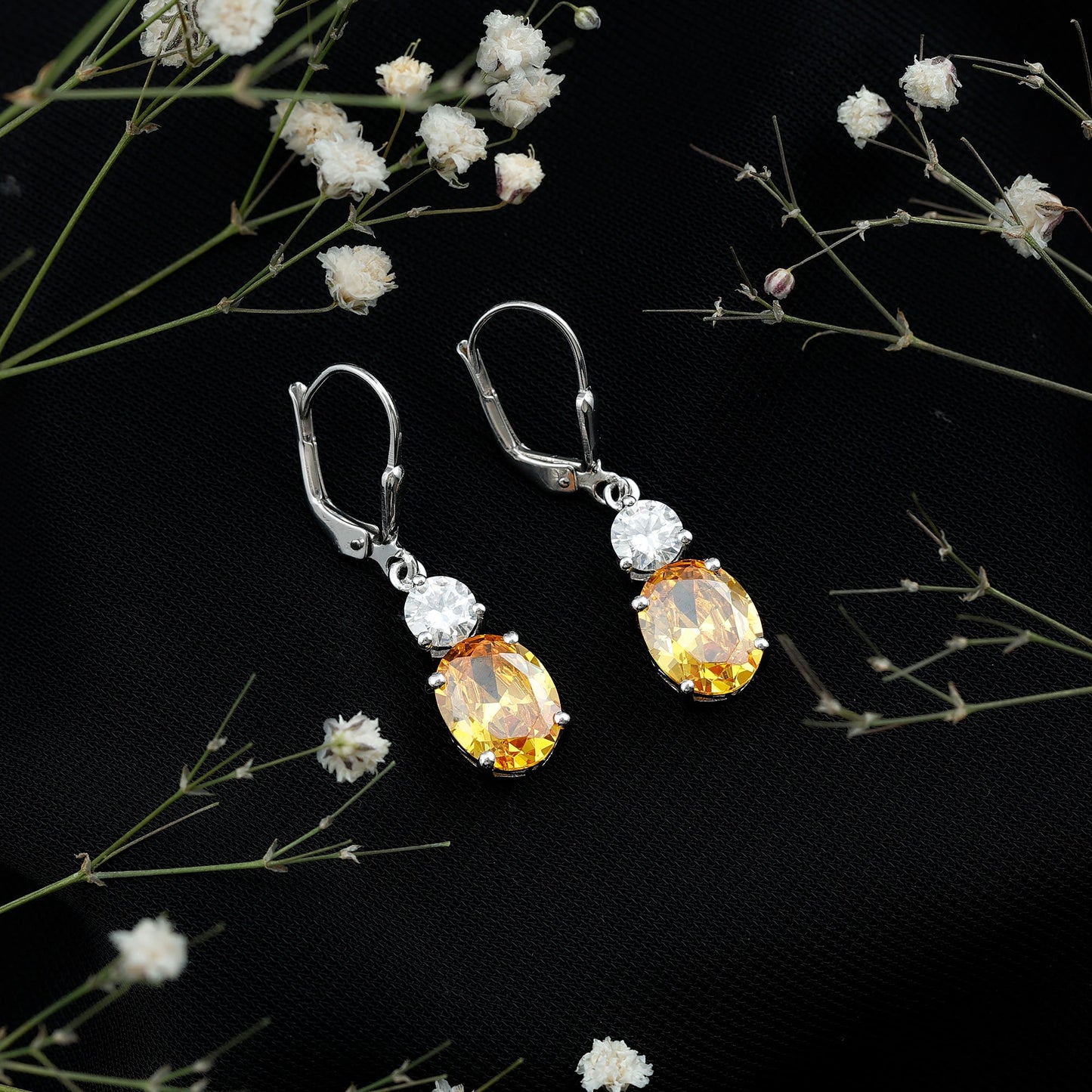 Lab Grown Yellow Sapphire and Moissanite Drop Earrings with Leverback