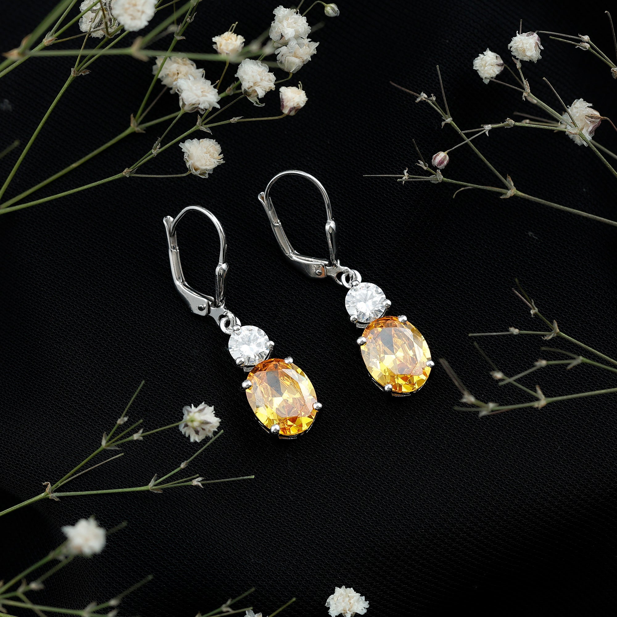 Lab Grown Yellow Sapphire and Moissanite Drop Earrings with Leverback