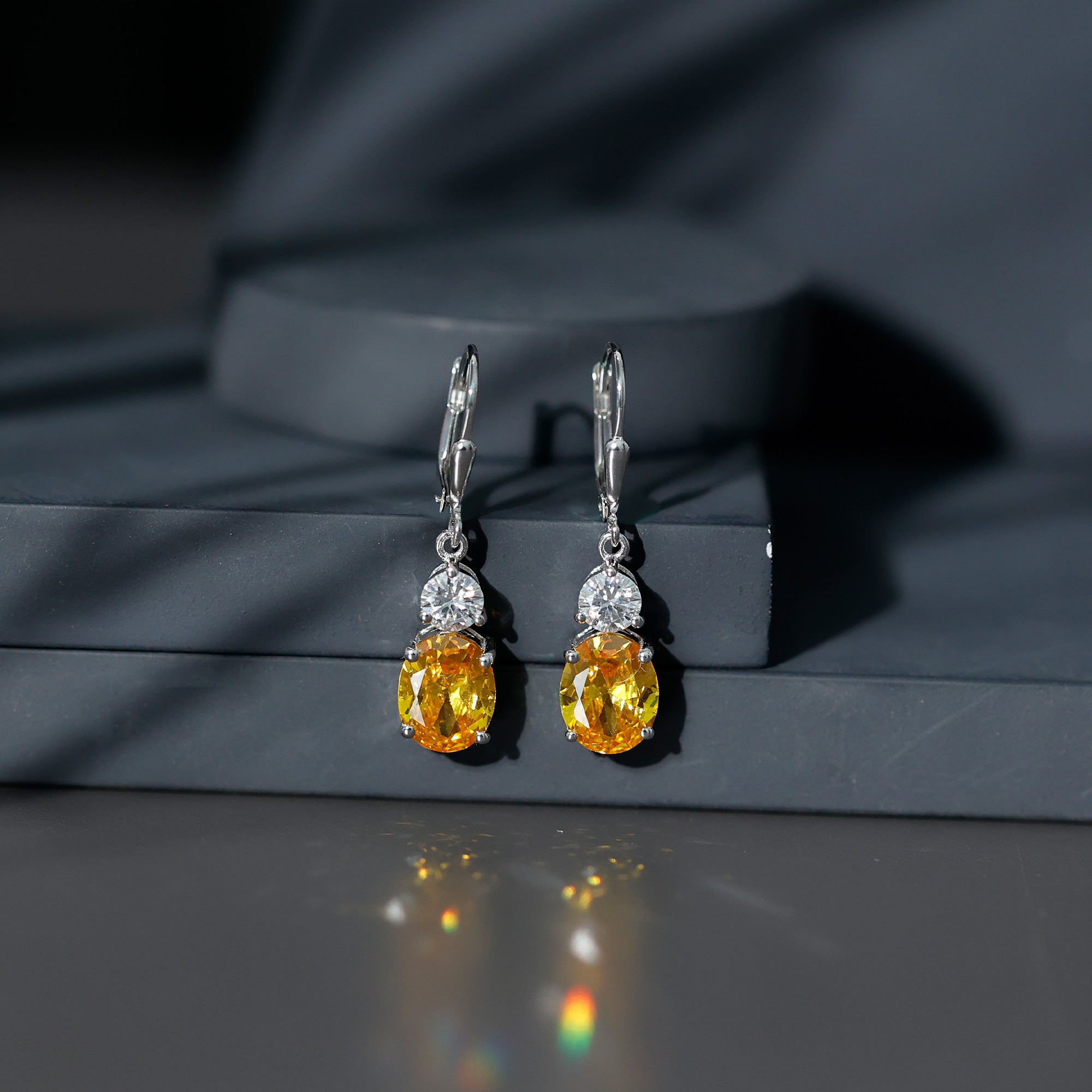 Lab Grown Yellow Sapphire and Moissanite Drop Earrings with Leverback