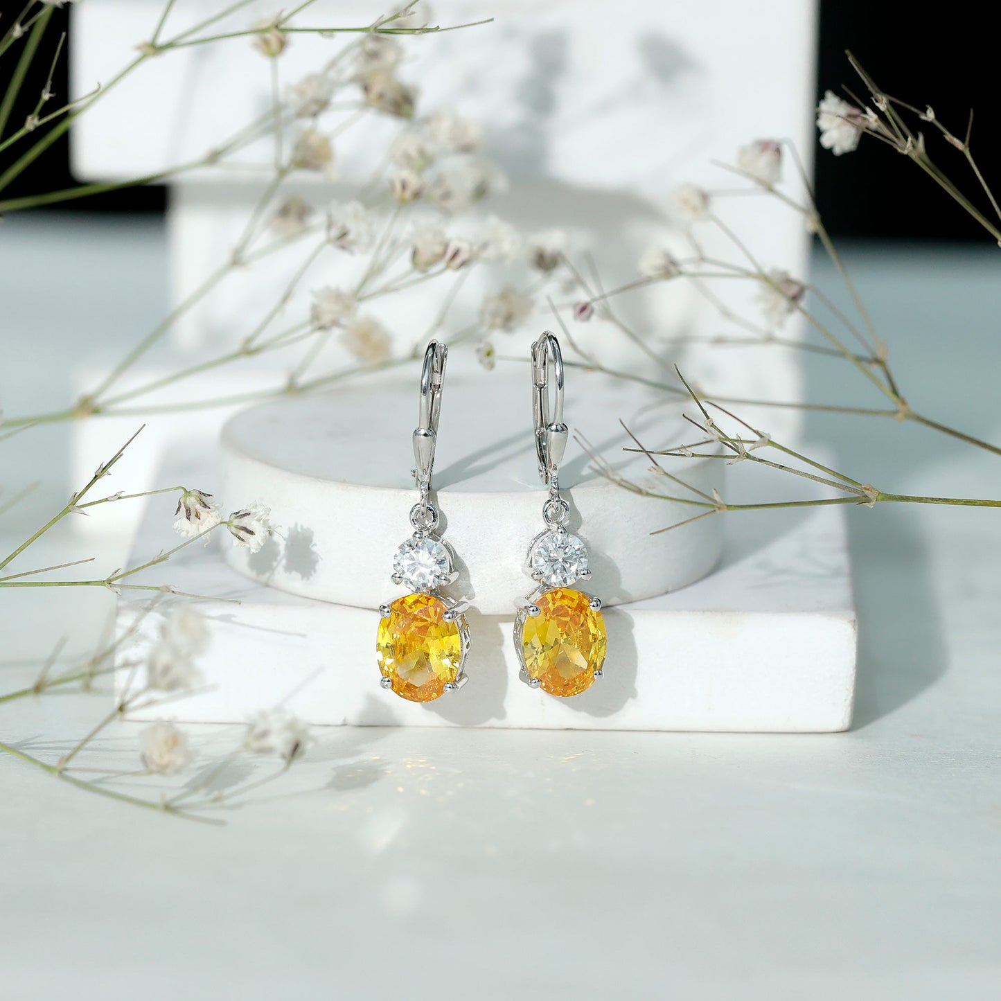 Lab Grown Yellow Sapphire and Moissanite Drop Earrings with Leverback