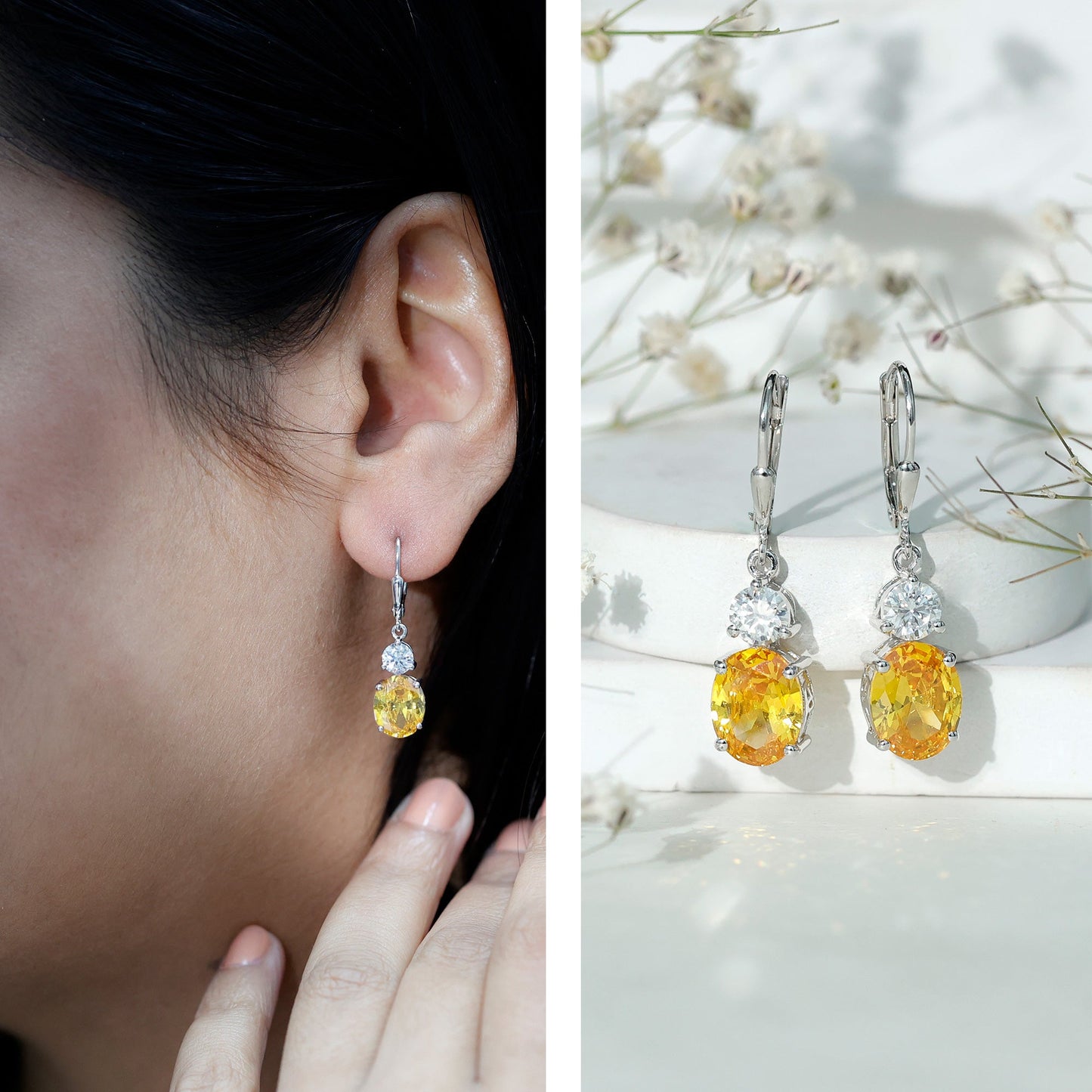 Lab Grown Yellow Sapphire and Moissanite Drop Earrings with Leverback
