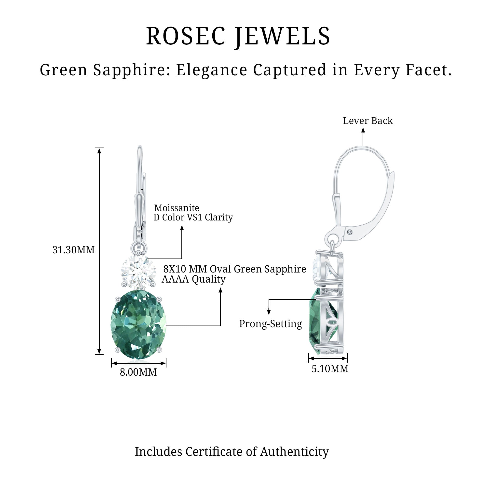 Lab Grown Green Sapphire Drop Hoop Earrings with Moissanite
