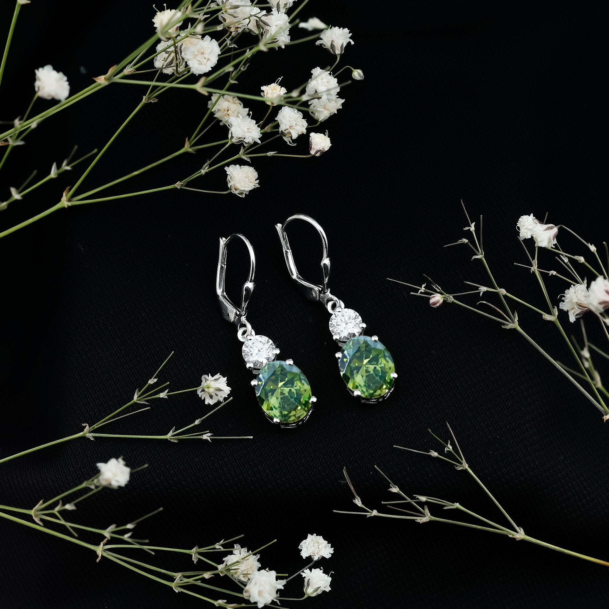 Lab Grown Green Sapphire Drop Hoop Earrings with Moissanite