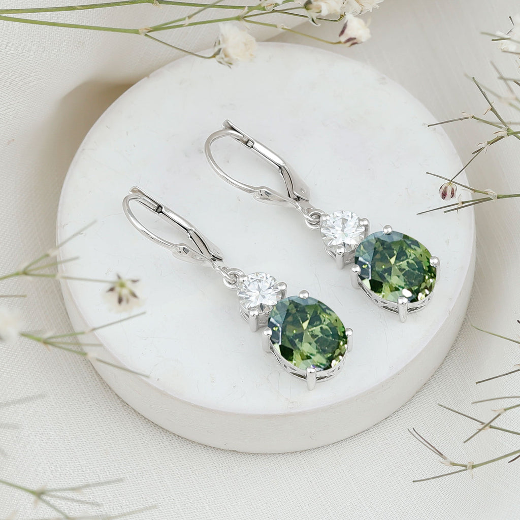 Lab Grown Green Sapphire Drop Hoop Earrings with Moissanite
