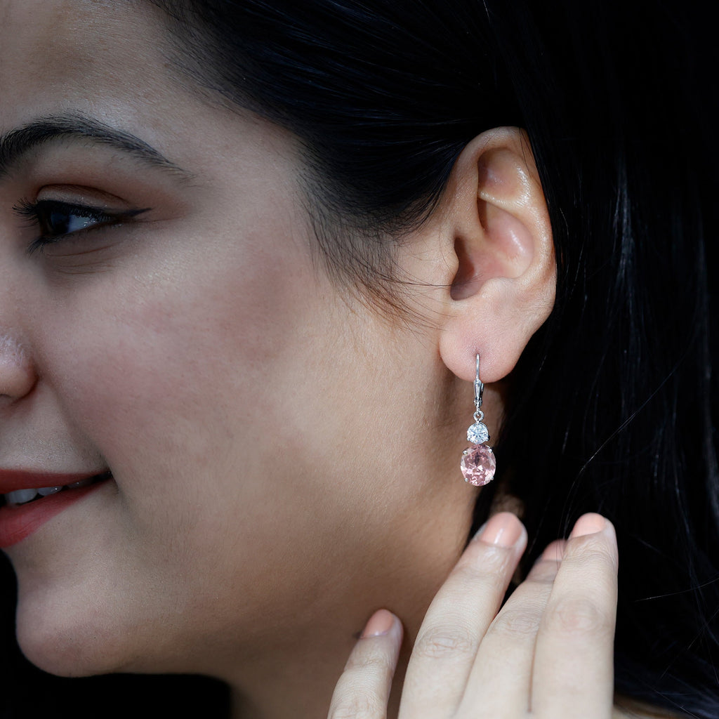 Oval Lab Grown Pink Sapphire Drop Earrings with Moissanite