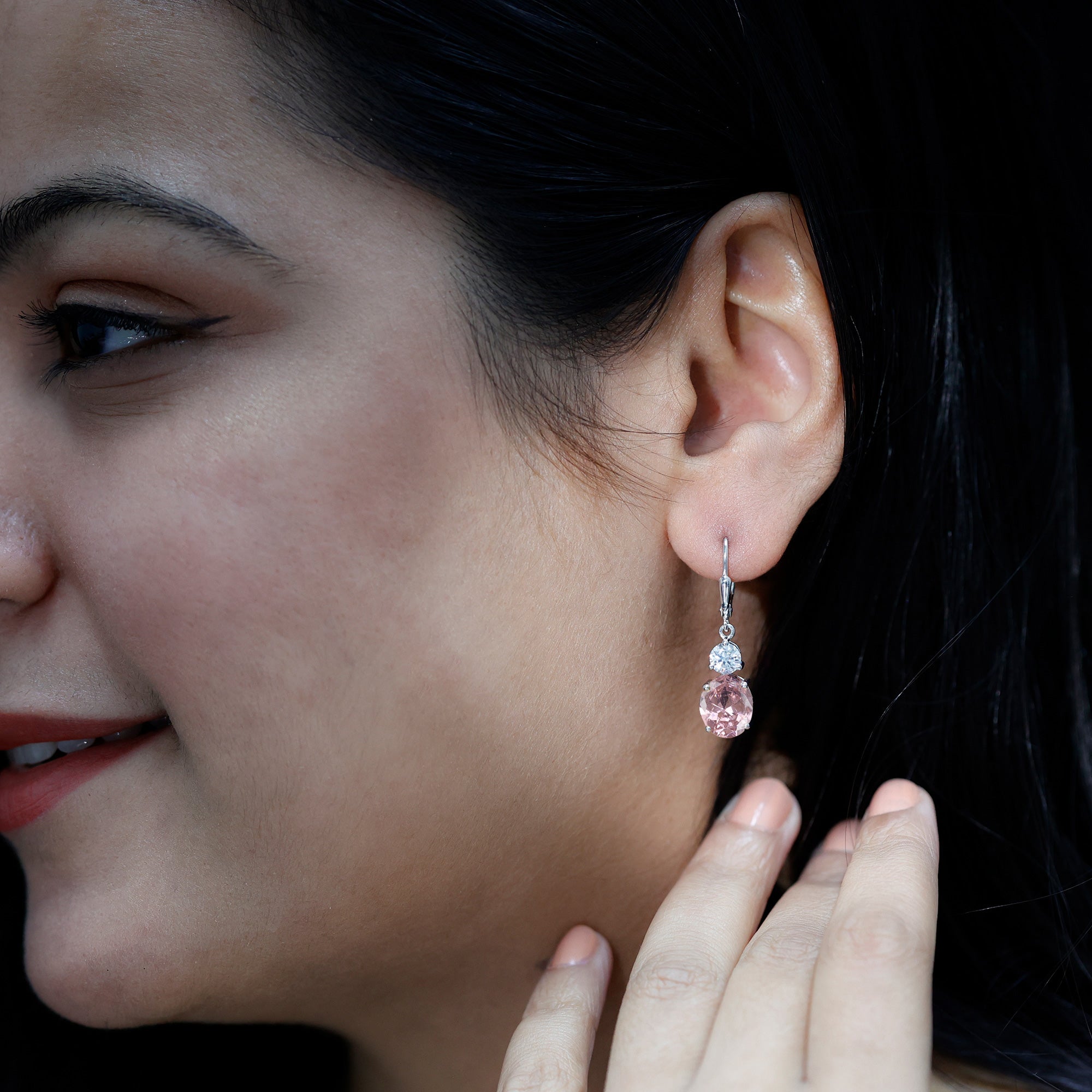 Oval Lab Grown Pink Sapphire Drop Earrings with Moissanite