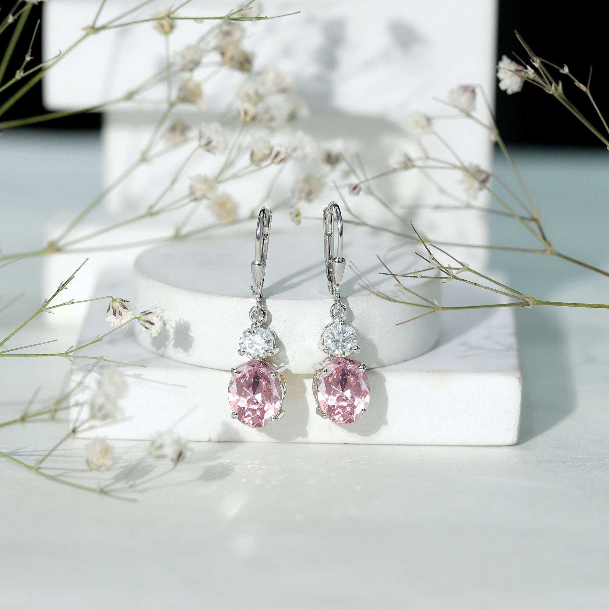 Oval Lab Grown Pink Sapphire Drop Earrings with Moissanite