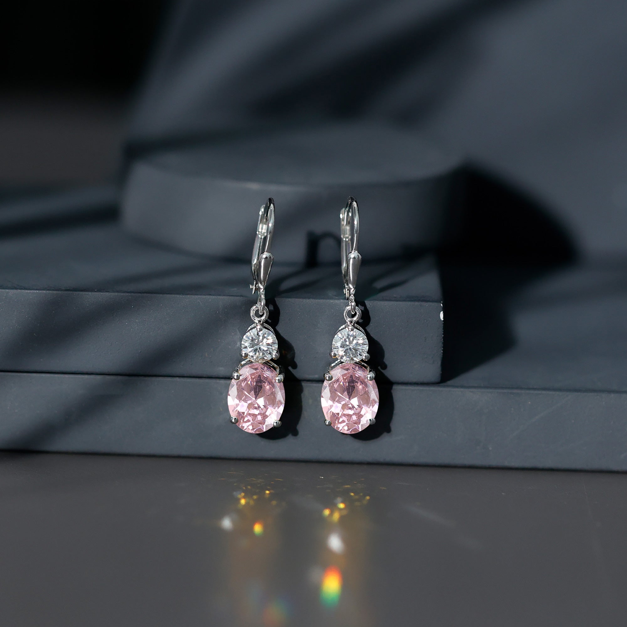 Oval Lab Grown Pink Sapphire Drop Earrings with Moissanite