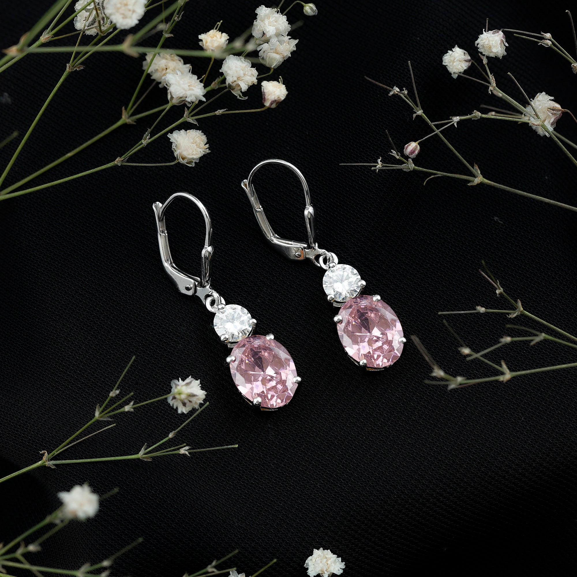Oval Lab Grown Pink Sapphire Drop Earrings with Moissanite