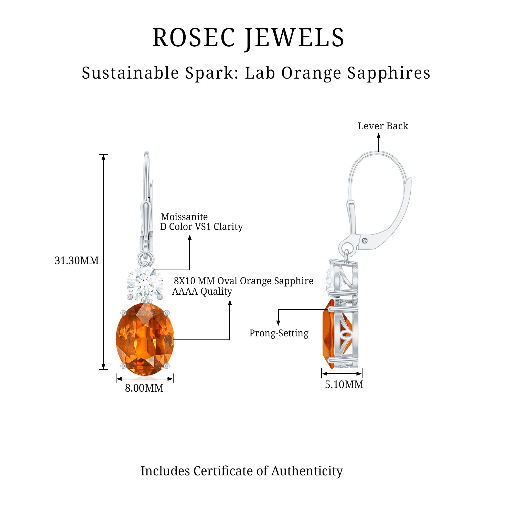 Lab Grown Orange Sapphire Drop Earrings with Moissanite