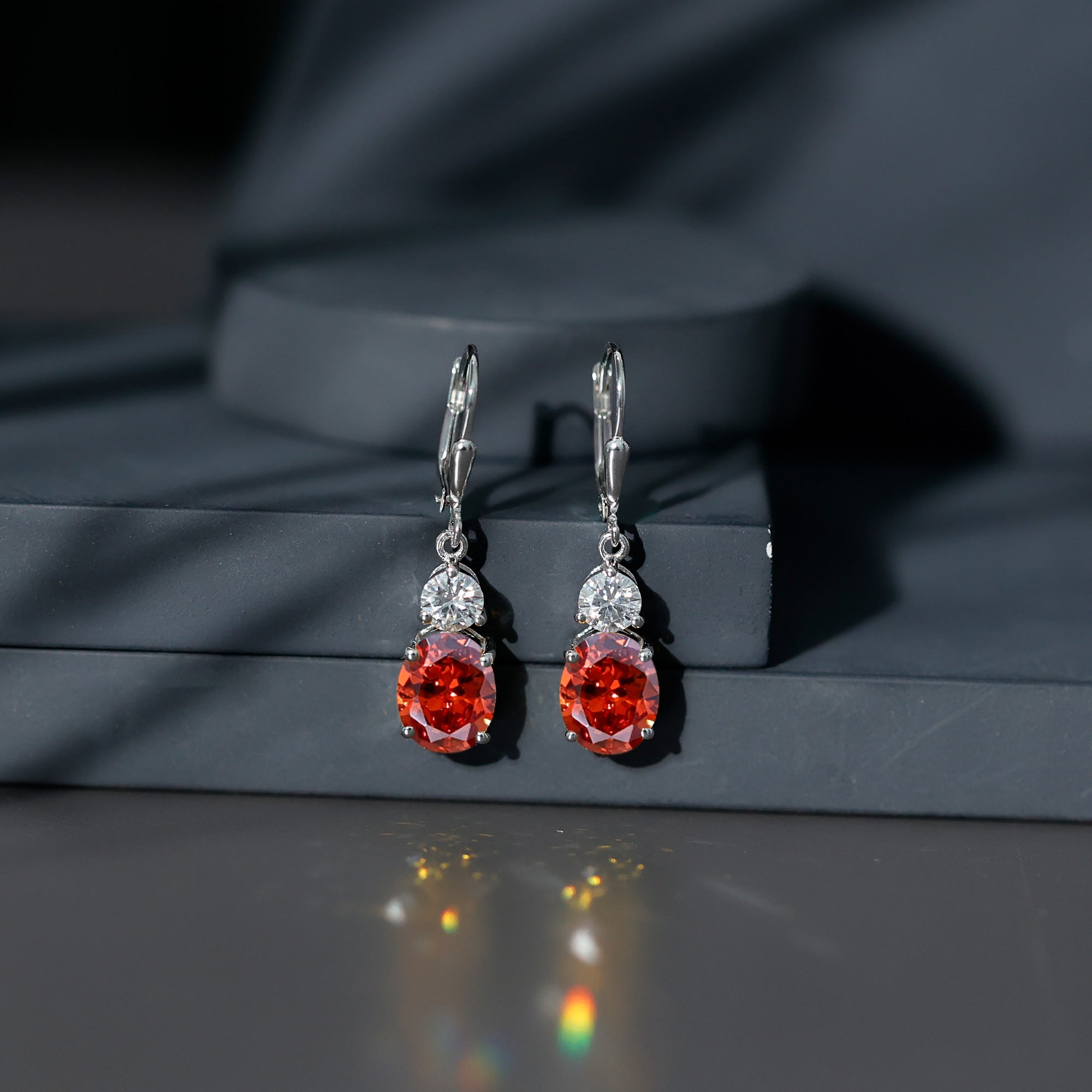 Lab Grown Orange Sapphire Drop Earrings with Moissanite