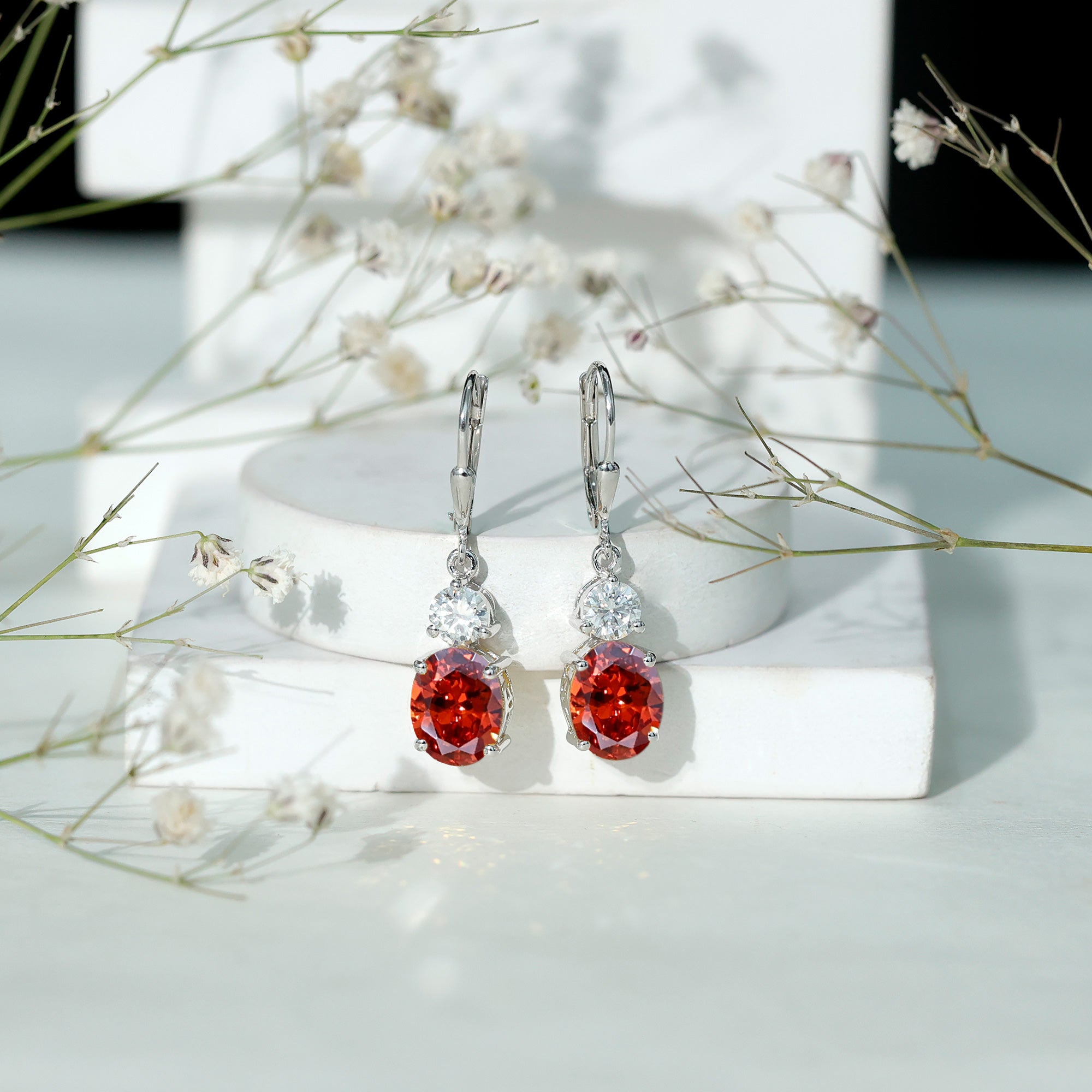 Lab Grown Orange Sapphire Drop Earrings with Moissanite