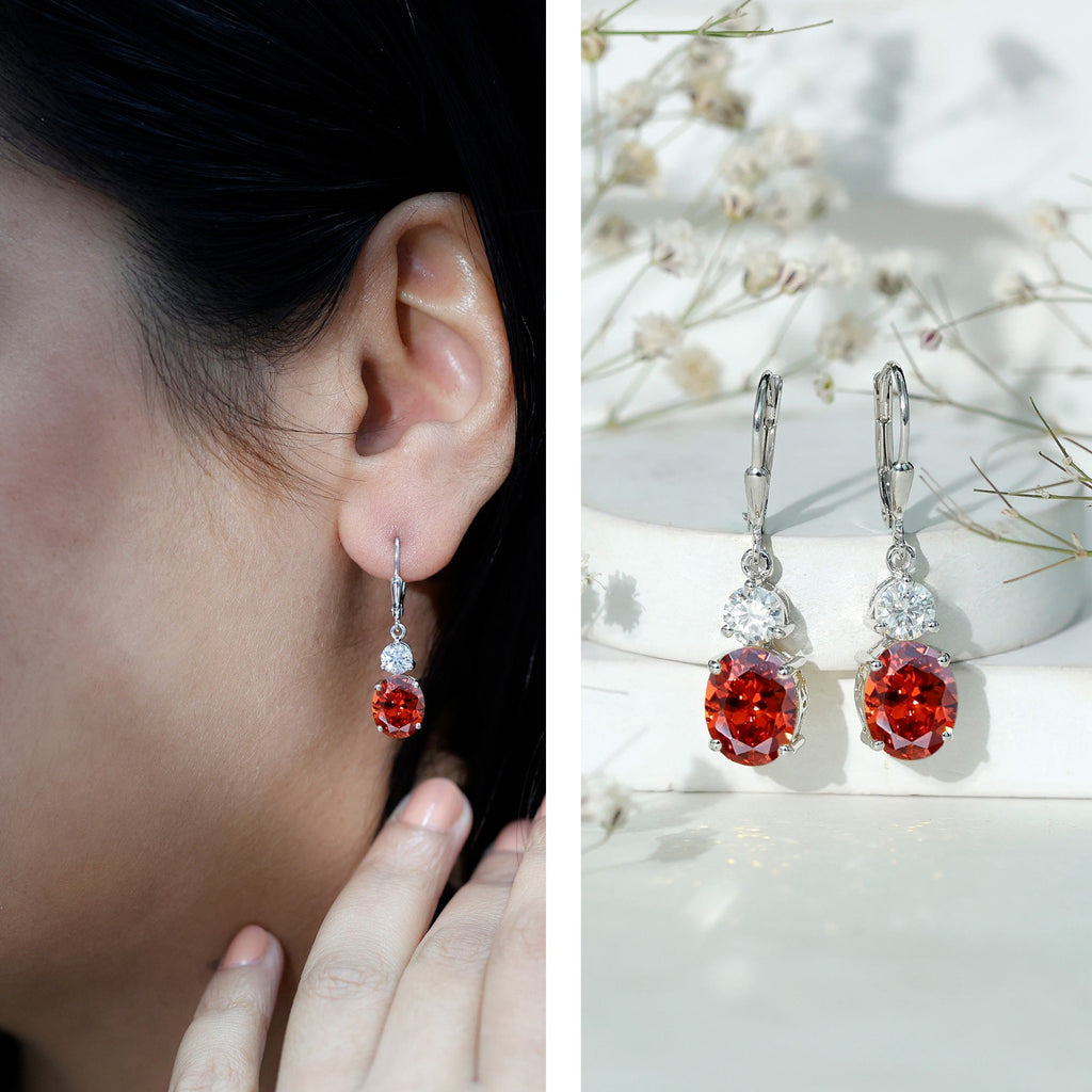 Lab Grown Orange Sapphire Drop Earrings with Moissanite