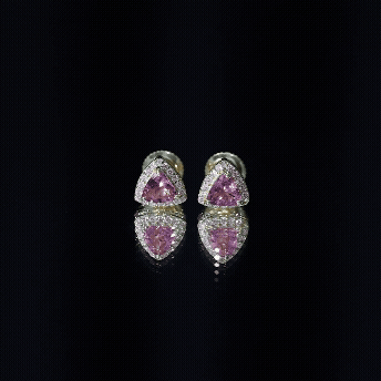 Trilliant Cut Pink Tourmaline and Diamond Stud Earrings in Silver