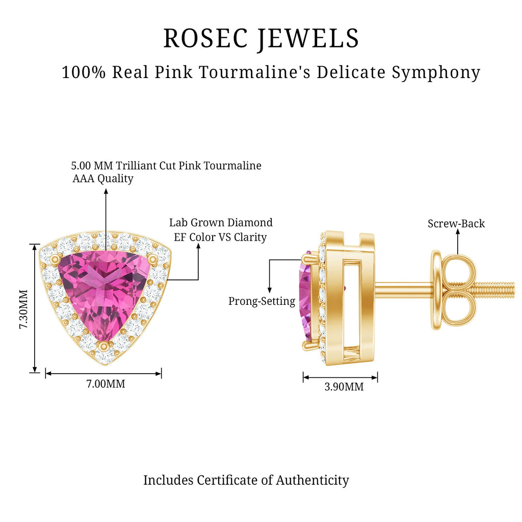 Trilliant Cut Pink Tourmaline and Diamond Stud Earrings in Silver