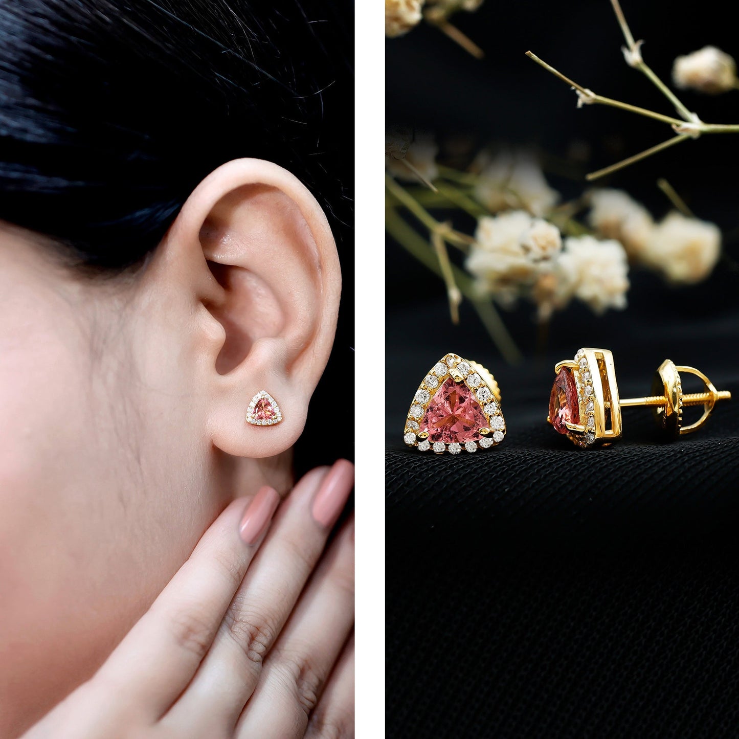 Trilliant Cut Pink Tourmaline and Diamond Stud Earrings in Silver