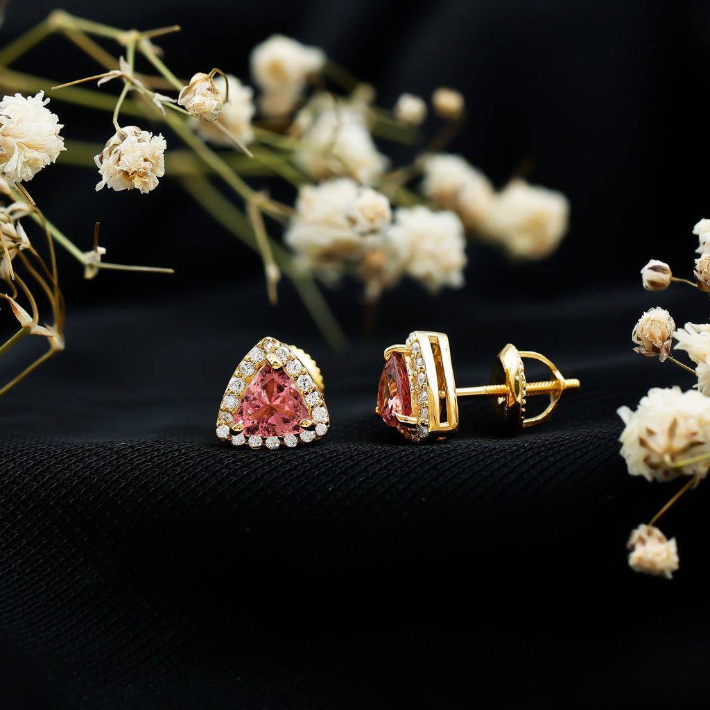 Trilliant Cut Pink Tourmaline and Diamond Stud Earrings in Silver