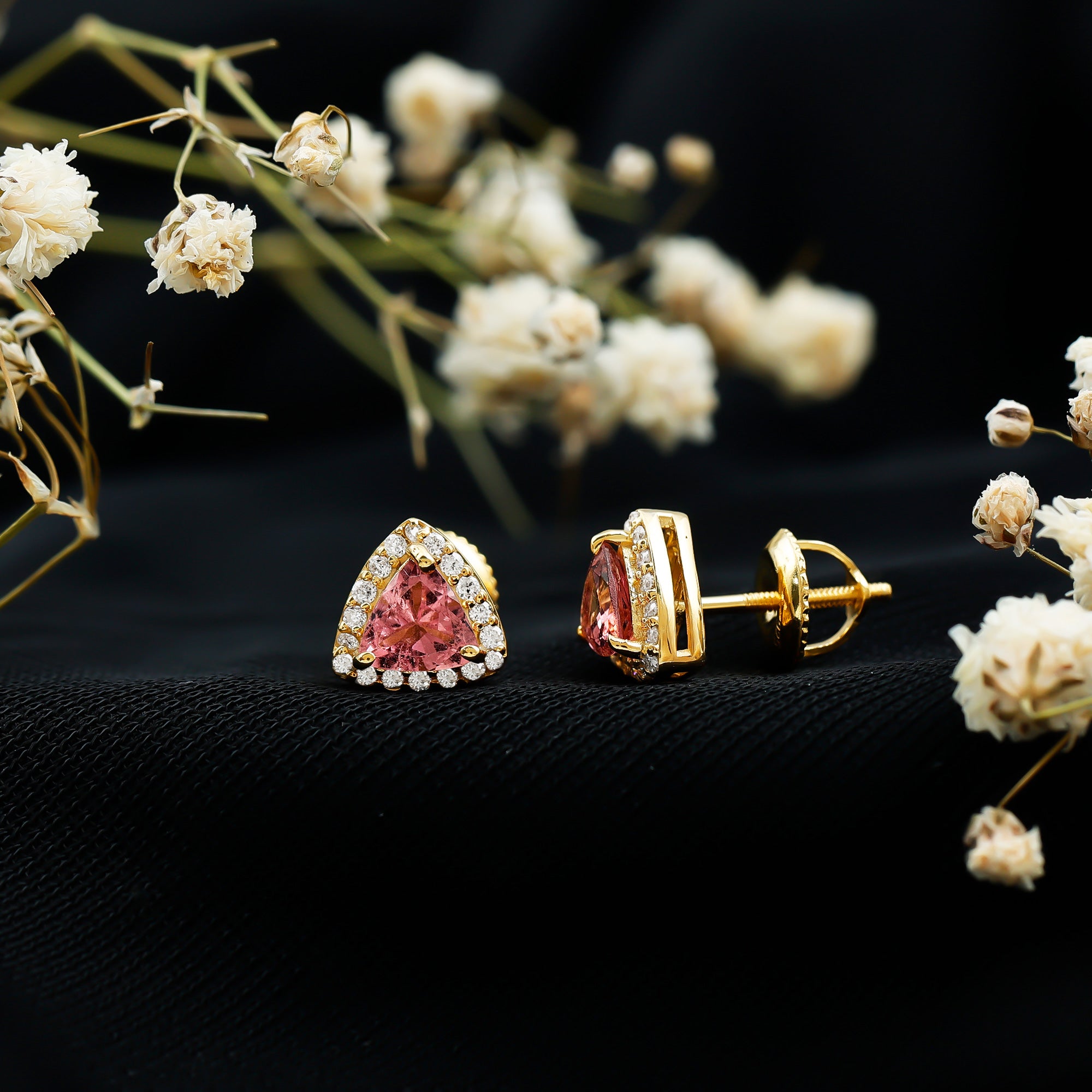 Trilliant Cut Pink Tourmaline and Diamond Stud Earrings in Silver