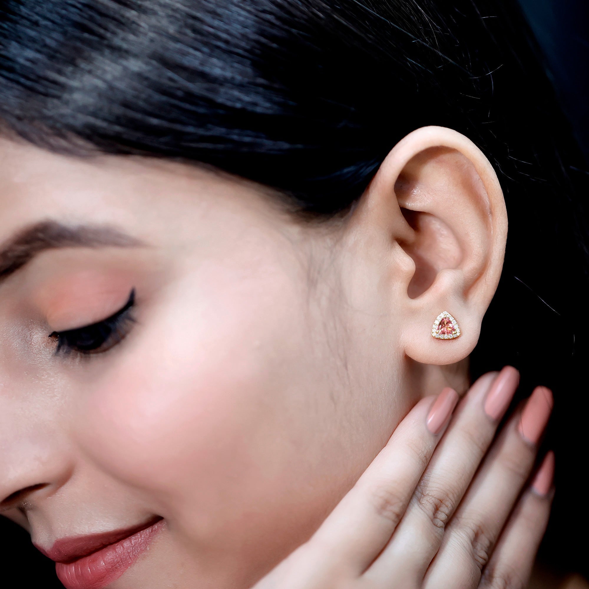 Trilliant Cut Pink Tourmaline and Diamond Stud Earrings in Silver