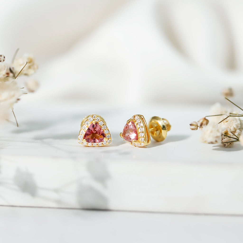 Trilliant Cut Pink Tourmaline and Diamond Stud Earrings in Silver