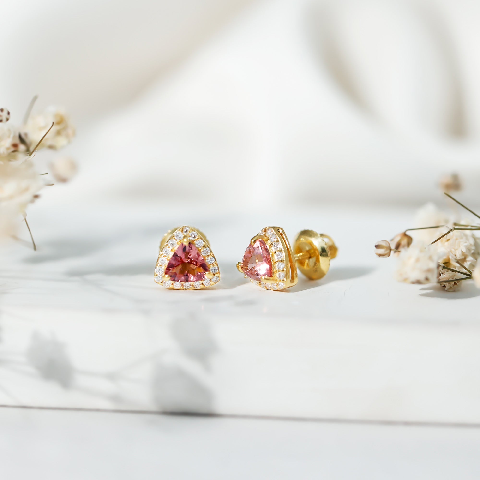 Trilliant Cut Pink Tourmaline and Diamond Stud Earrings in Silver